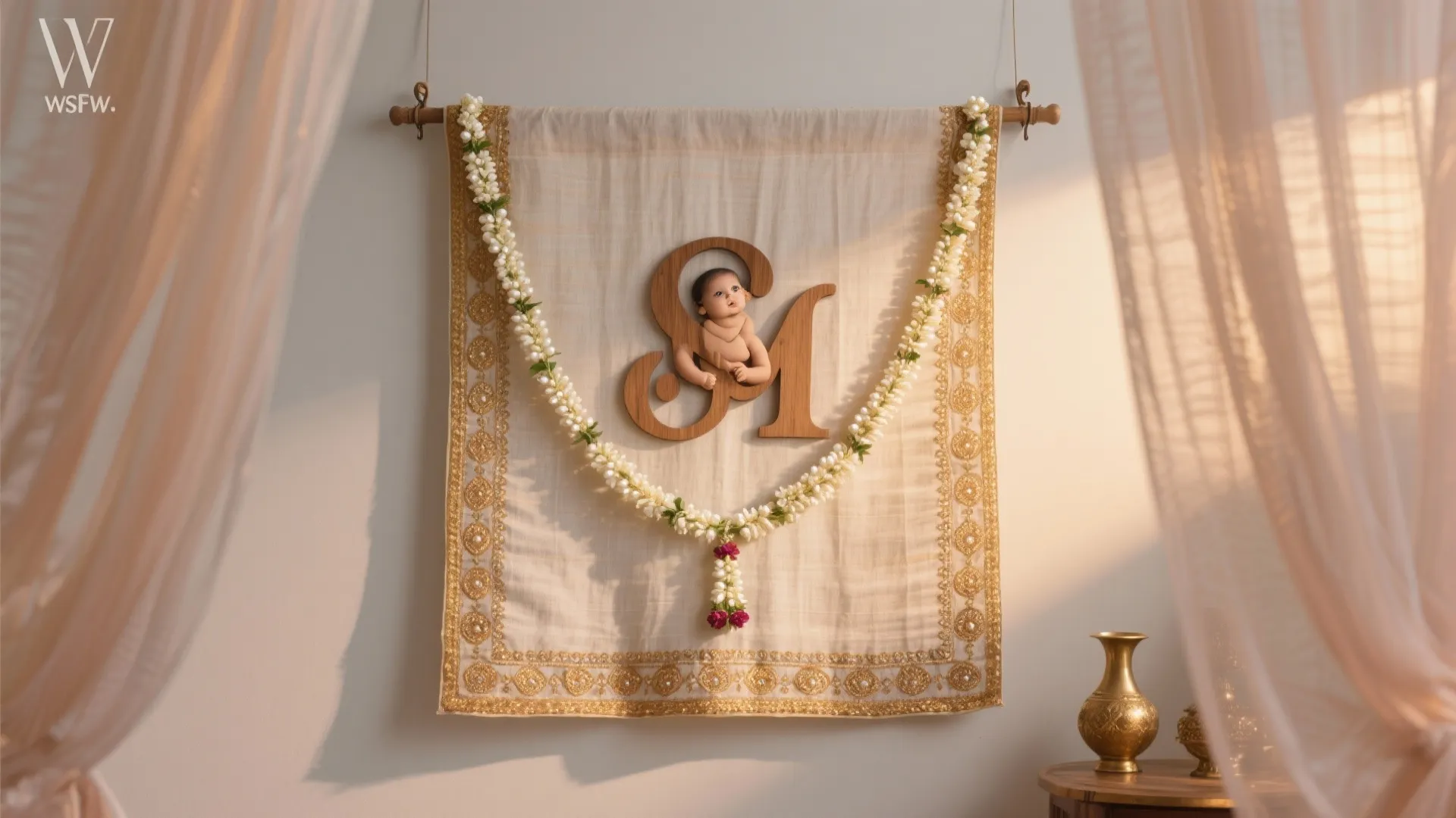 3) Handloom Backdrop with Gota Patti & Baby Name Monogram