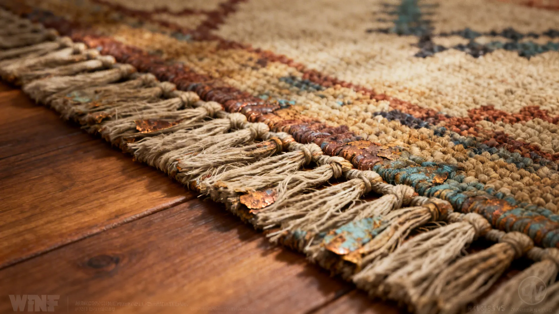 Close-up of a handloomed rug showing natural dye variations and texture.