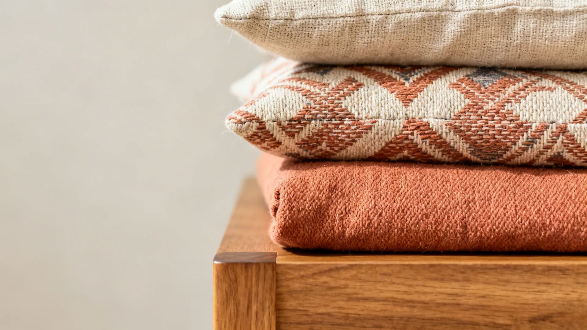 Macro of handloom khadi, ikat, and block-printed cotton fabrics stacked on a wooden sofa base.