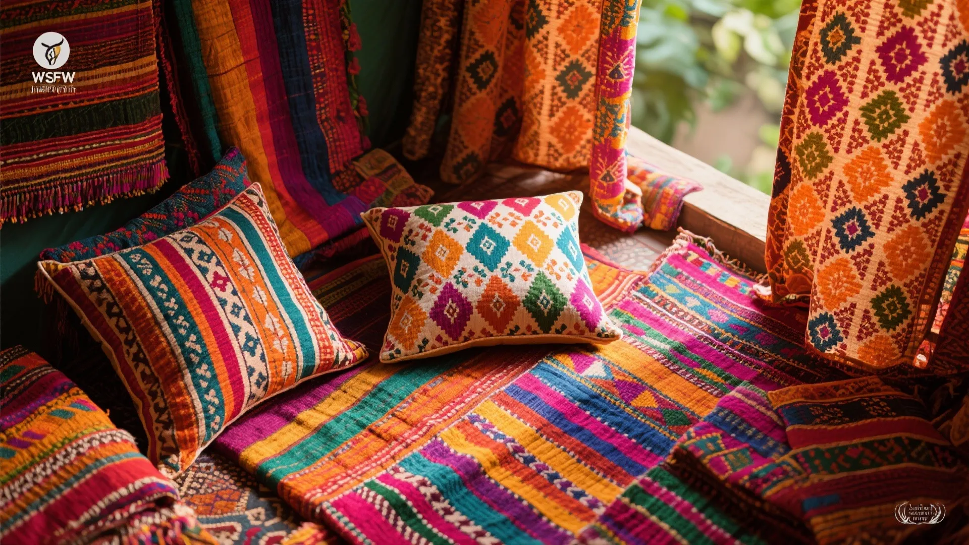 Brightly colored woven blankets and pillows with geometric patterns on a cozy floor seating area.
