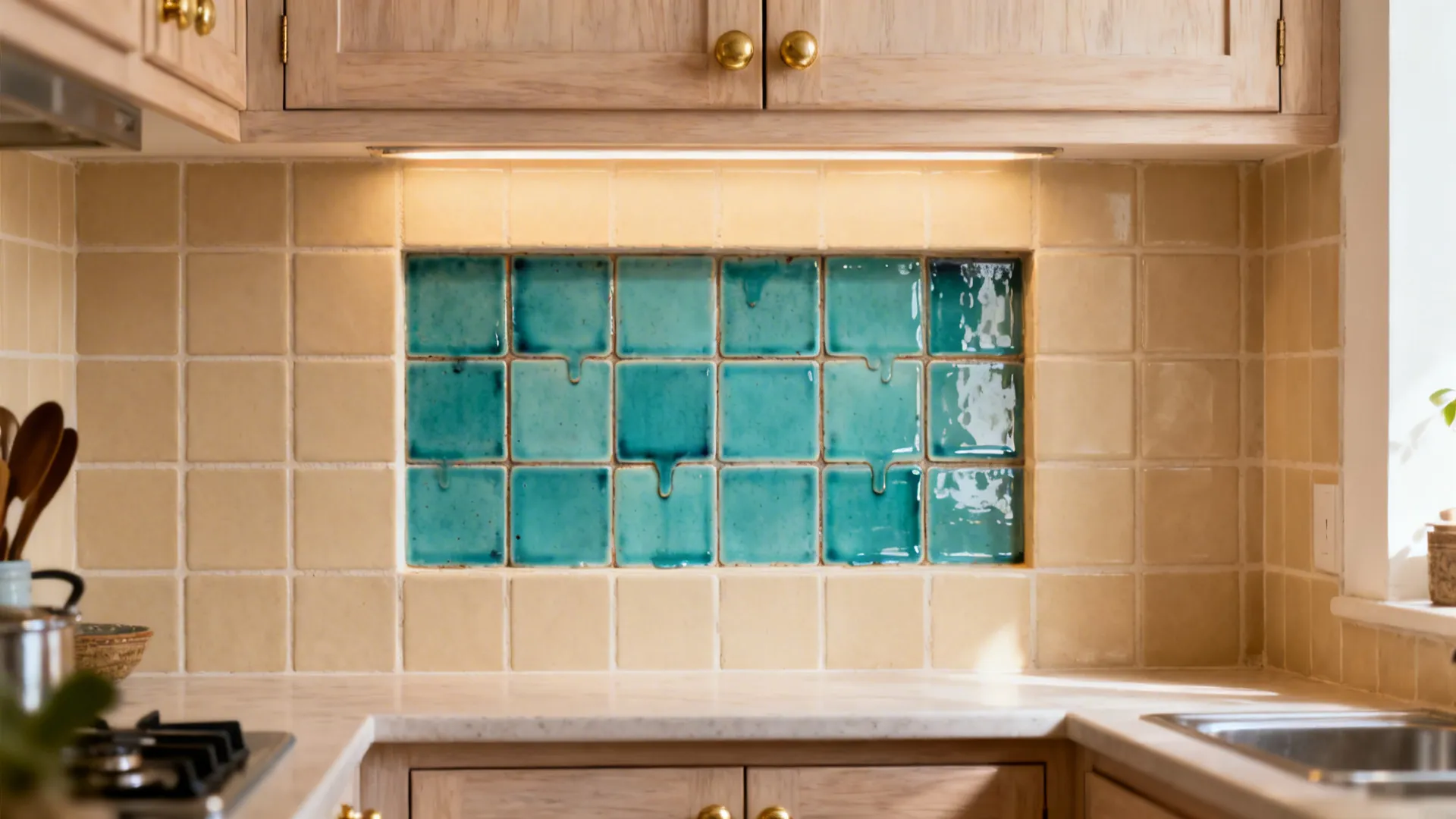 Turquoise handmade tile niche framed within biscuit-colored field tiles under warm task lighting.