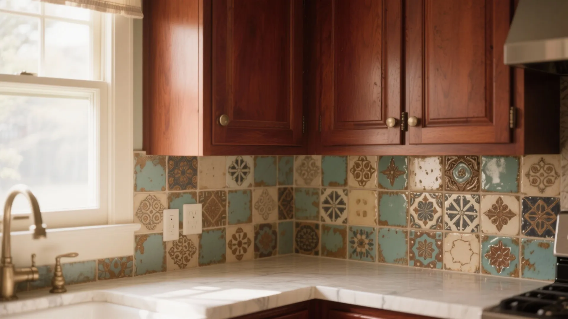 Traditional kitchen with wood cabinets marble countertop brass faucet and colorful patterned ceramic tile backsplash