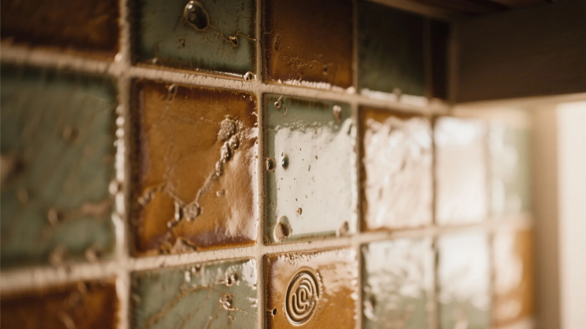 Close-up of handmade ceramic tiles with textured glaze
