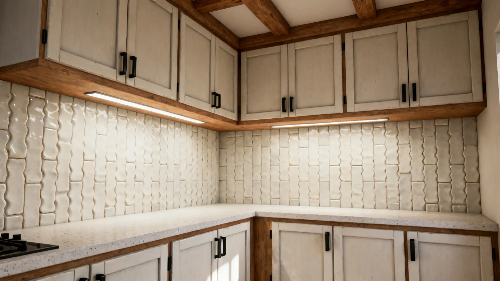 Small kitchen with vertical 2x8 handmade-look ceramic tiles in off-white glaze.