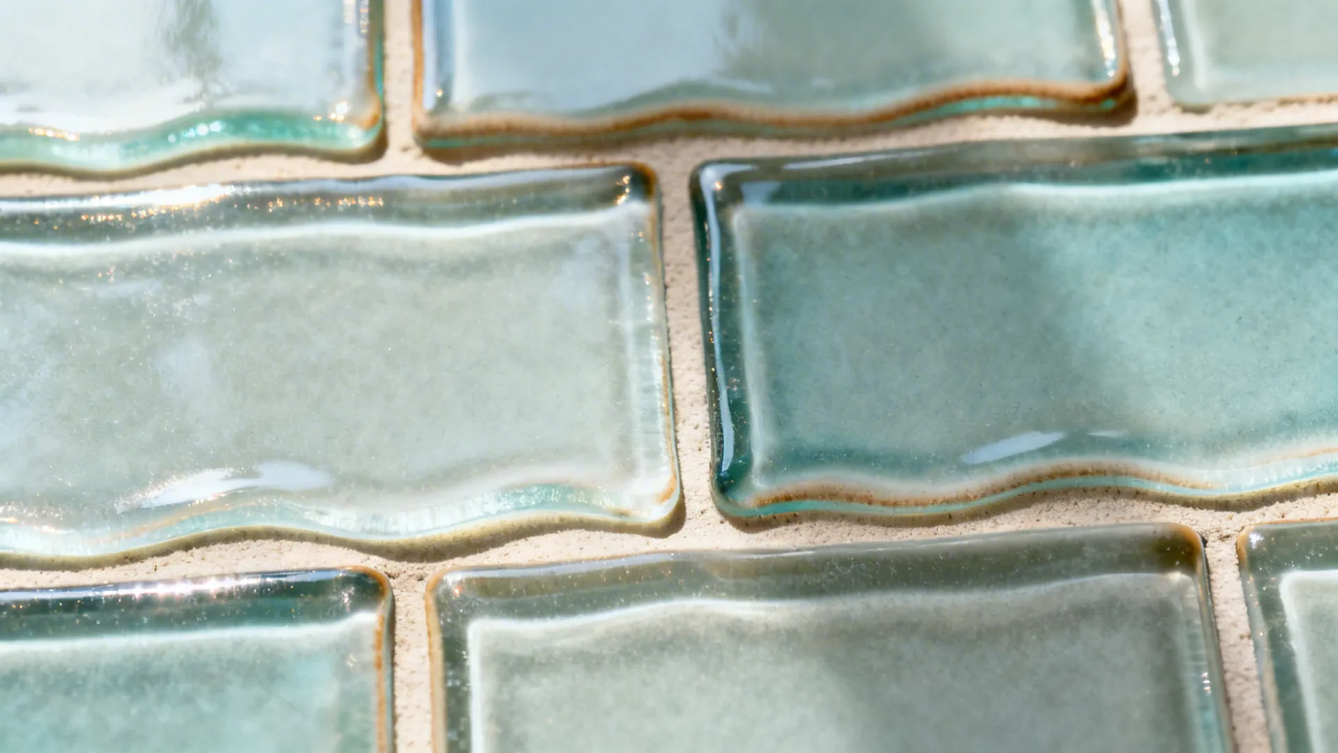 Macro of handmade-look glass tile with wavy edge and narrow light-toned grout joint.