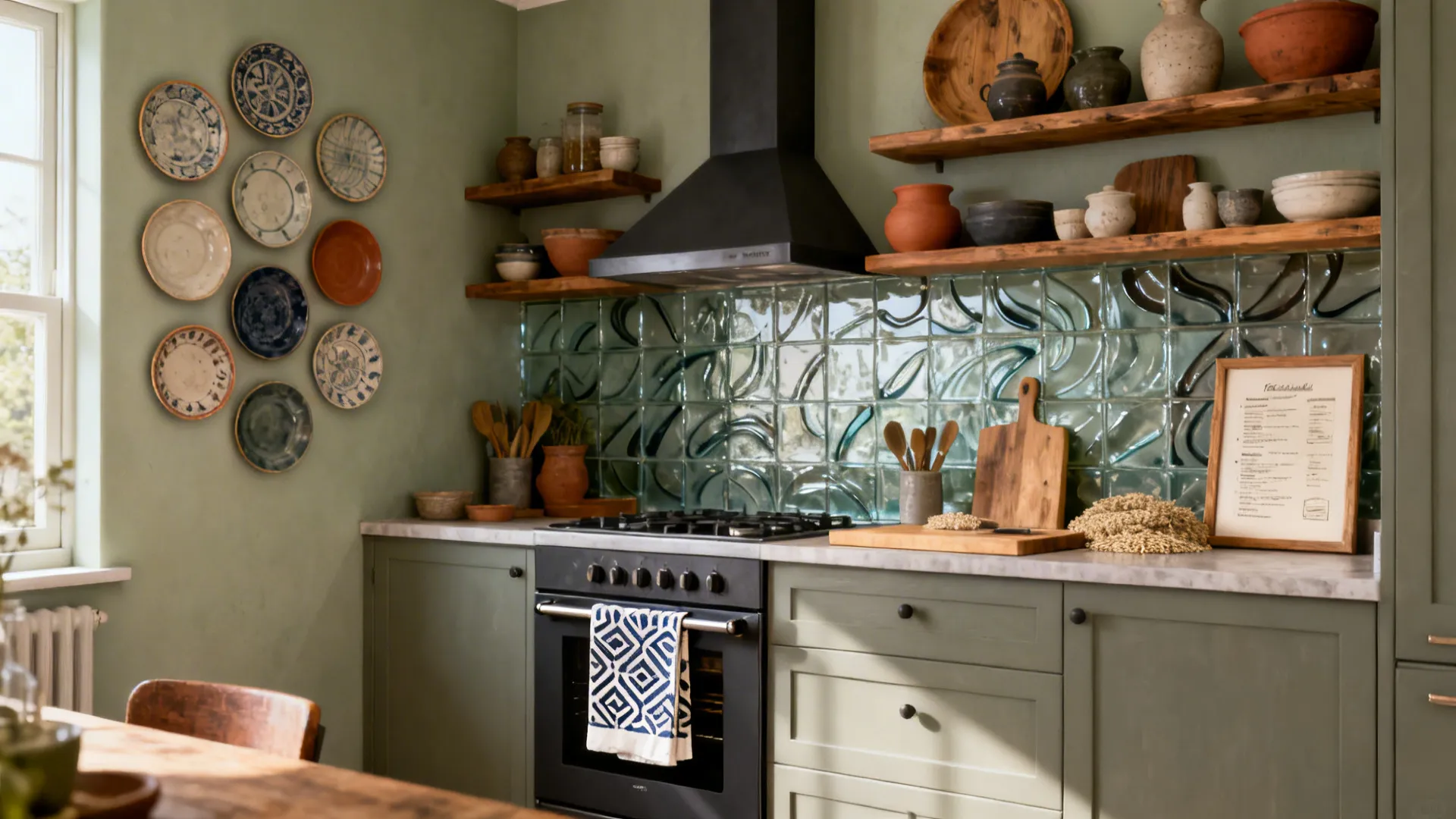 Green kitchen featuring decorative wall plates, black oven, glass block backsplash, and rustic wooden shelves