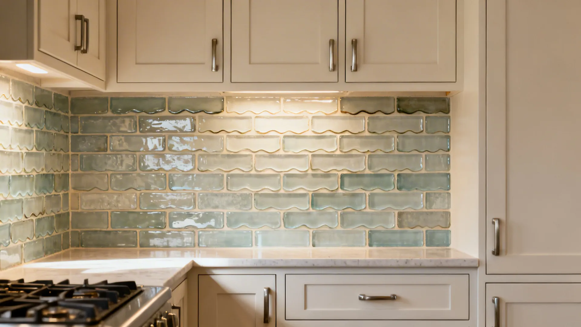 Small kitchen with handmade-look glass subway tiles showing irregular edges and soft variation.