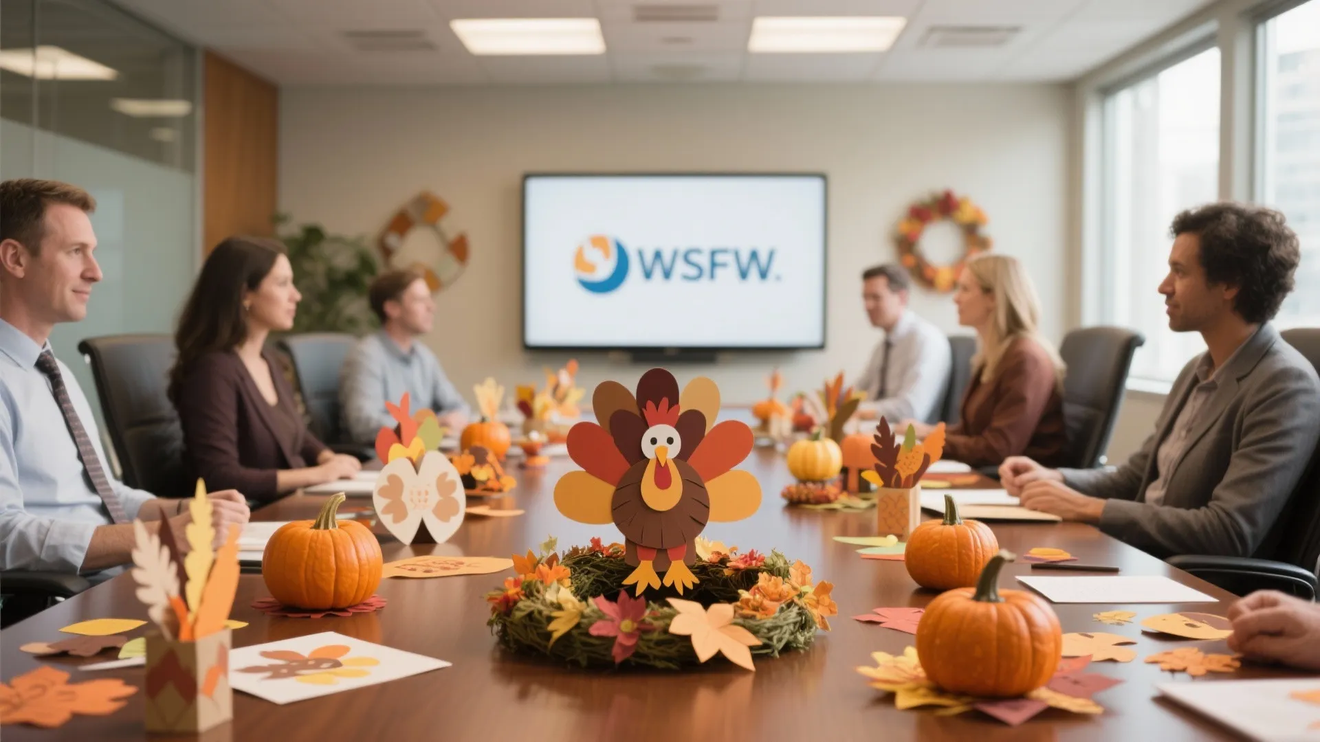 Office meeting room decorated with paper turkeys and pumpkins for a festive Thanksgiving team lunch