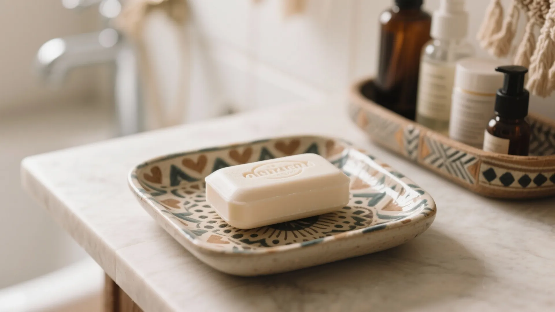 White bar of soap on a patterned ceramic tray placed on a marble bathroom counter