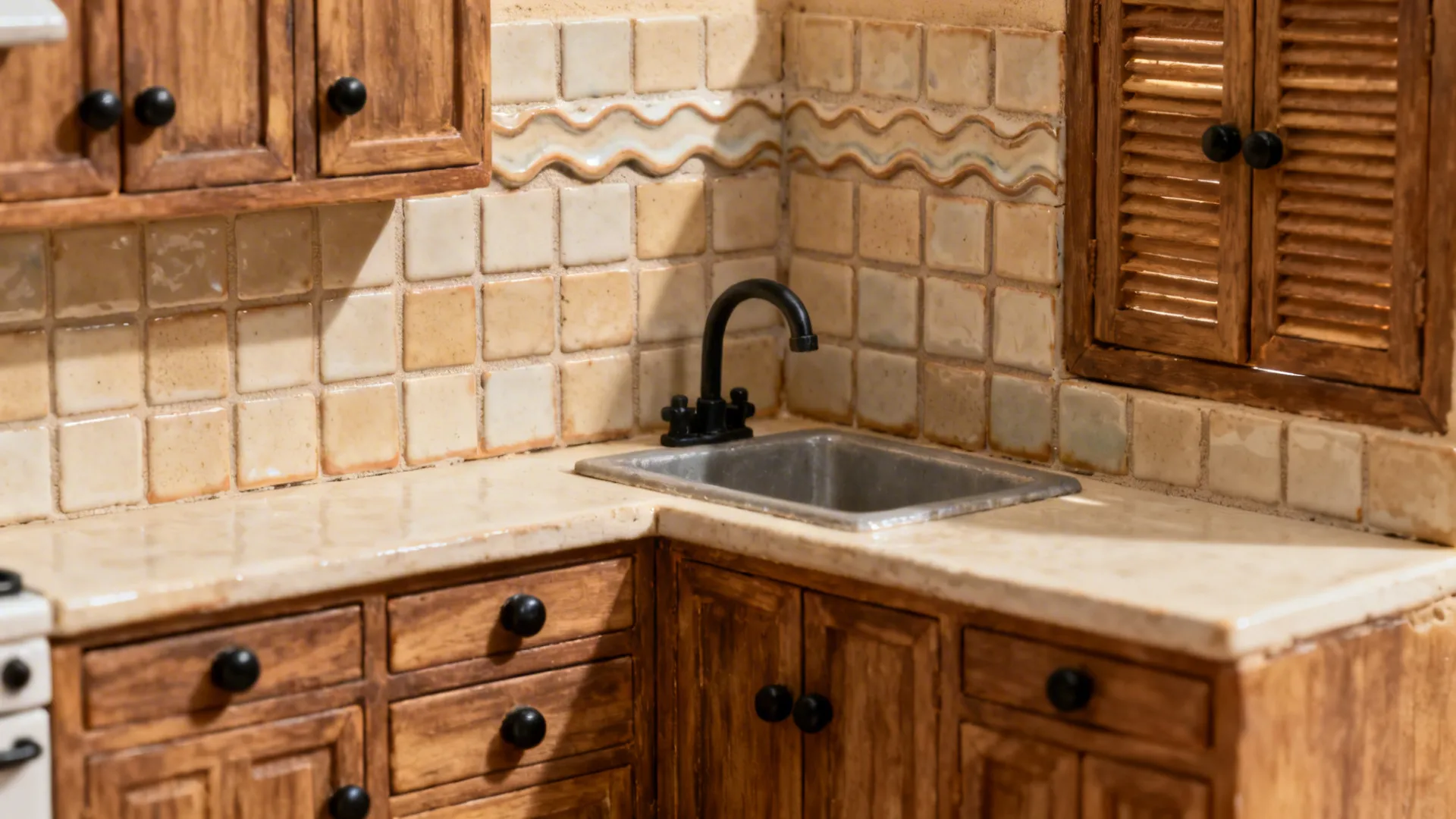 Handmade-look 100 mm square tiles with warm sand grout in a cozy kitchen.