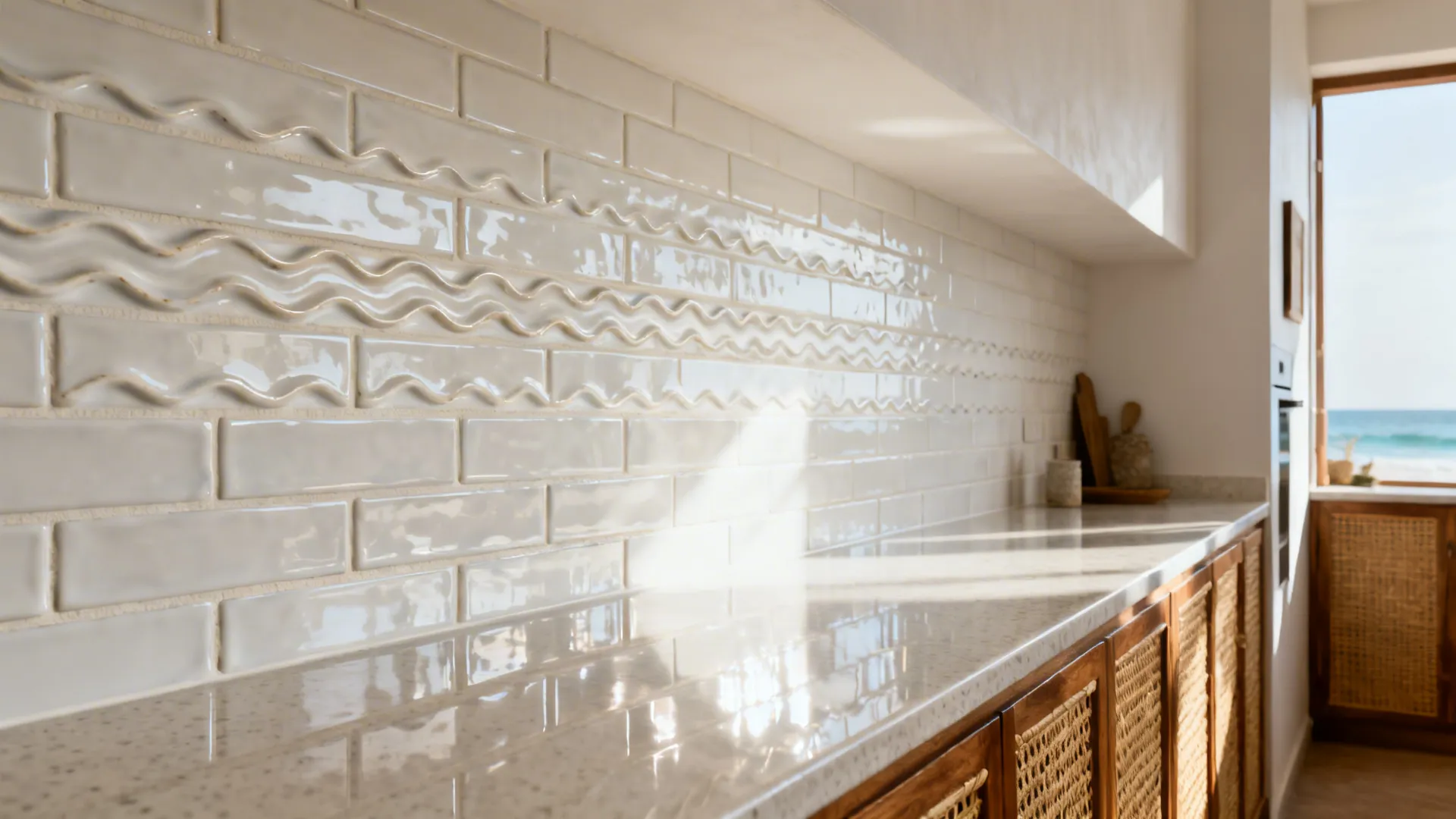 Elongated handmade-look white subway tiles in a bright Kerala galley kitchen.
