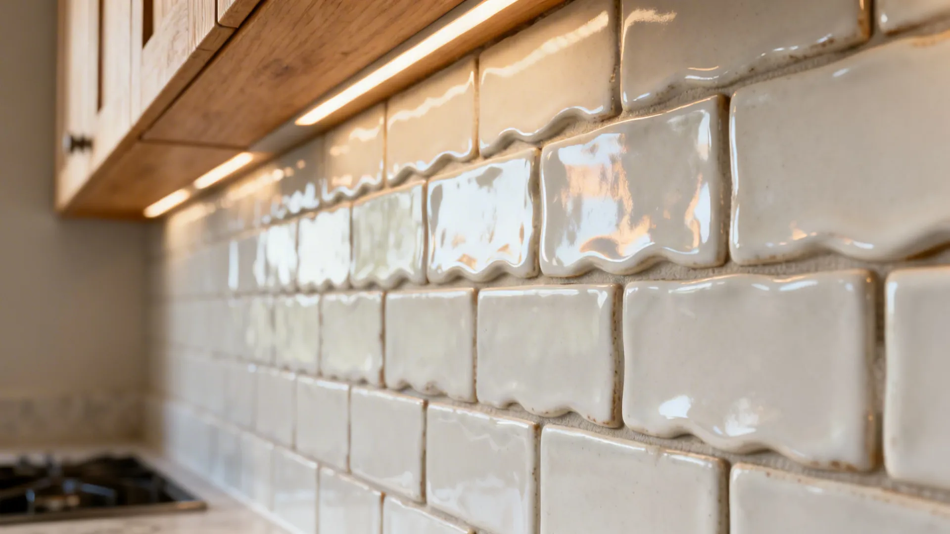 Close-up of handmade-look white subway tiles with soft glaze and texture.