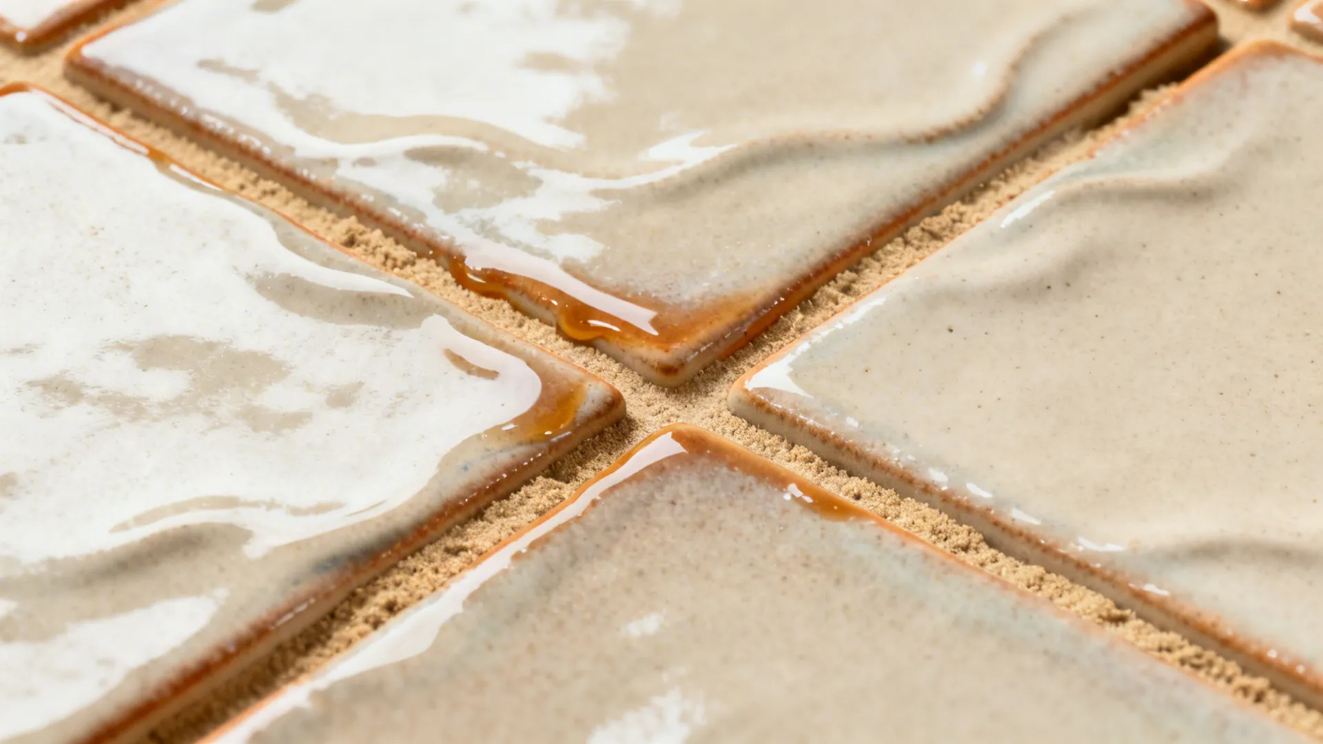 Macro of handmade-look square tiles with gentle waviness and warm sand grout.