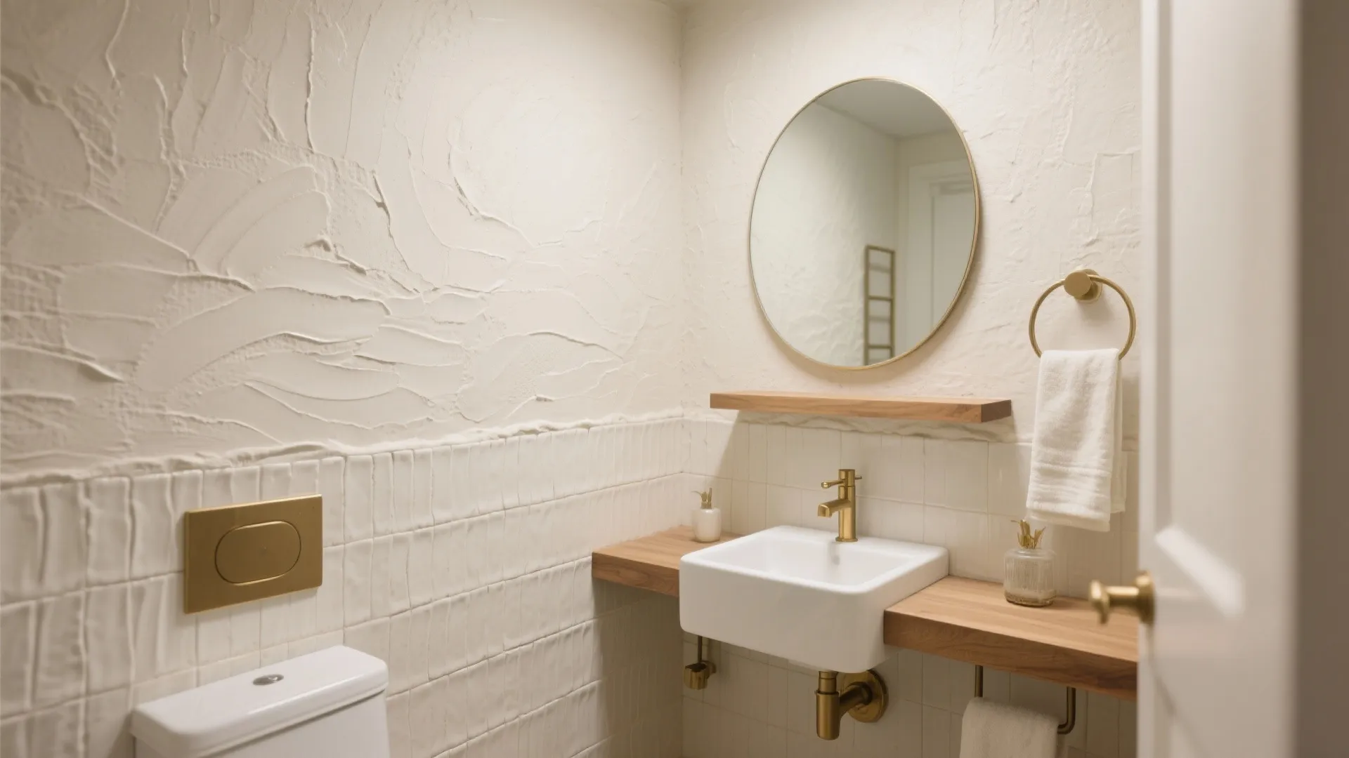 Small bathroom with textured white walls round mirror wooden shelf white sink and gold faucet