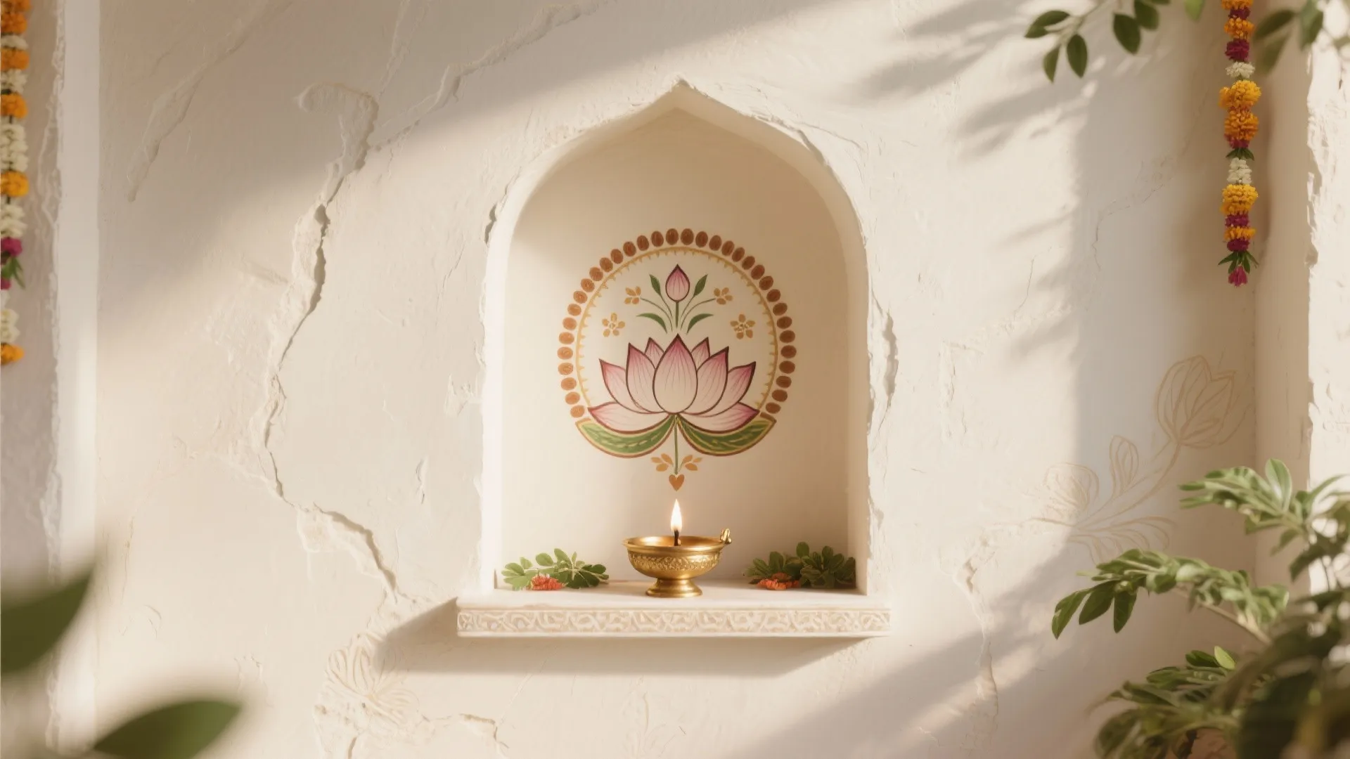 Small lit brass lamp inside a wall opening with a pink lotus painting and garland