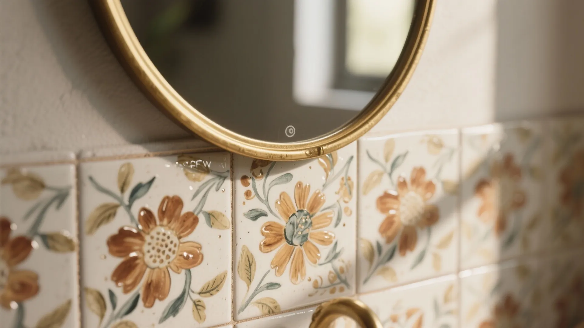 Hand-Painted Ceramic Flowers Behind the Vanity
