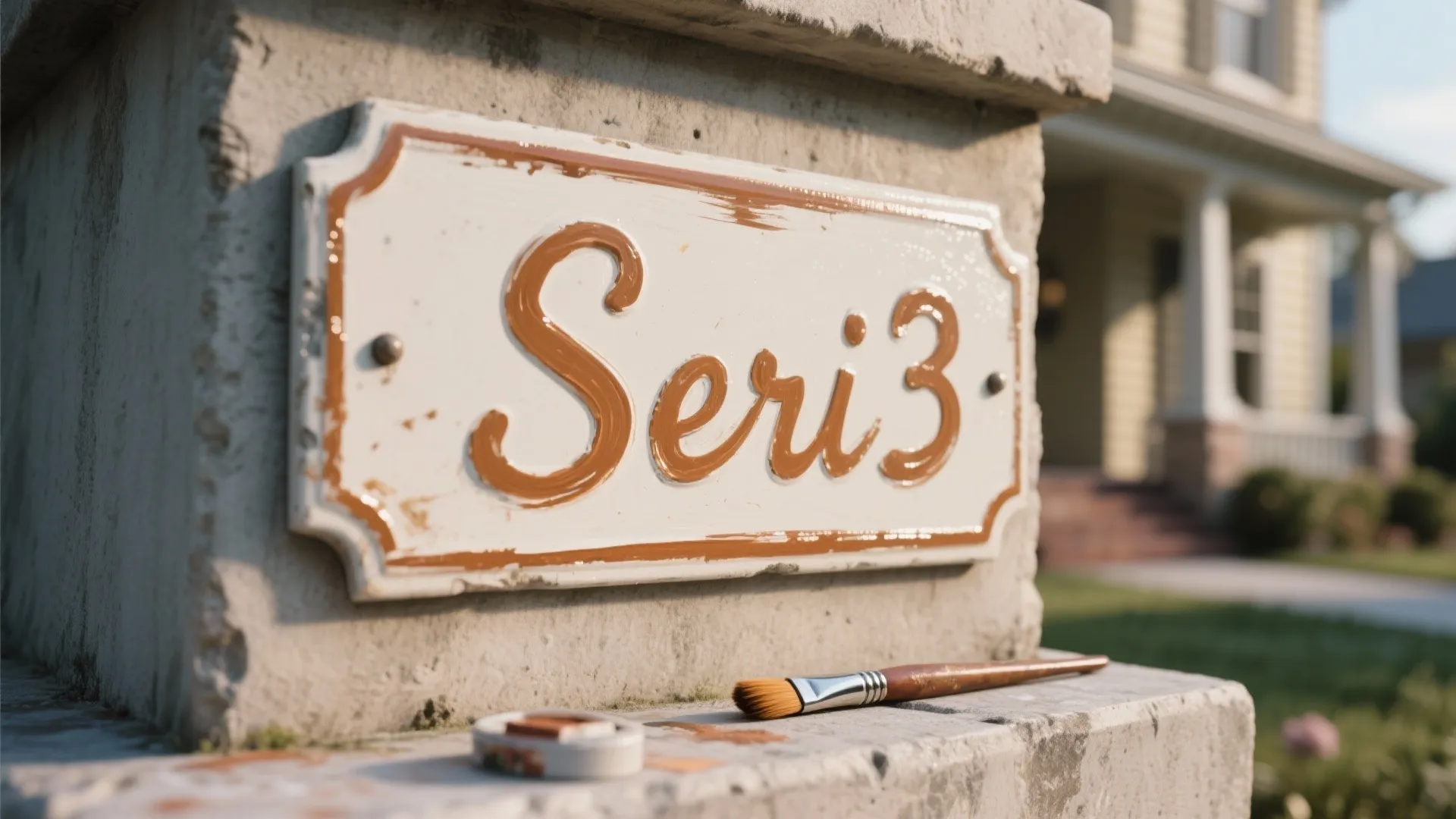 Hand painted house name on a white sign with a paintbrush and paint sitting nearby