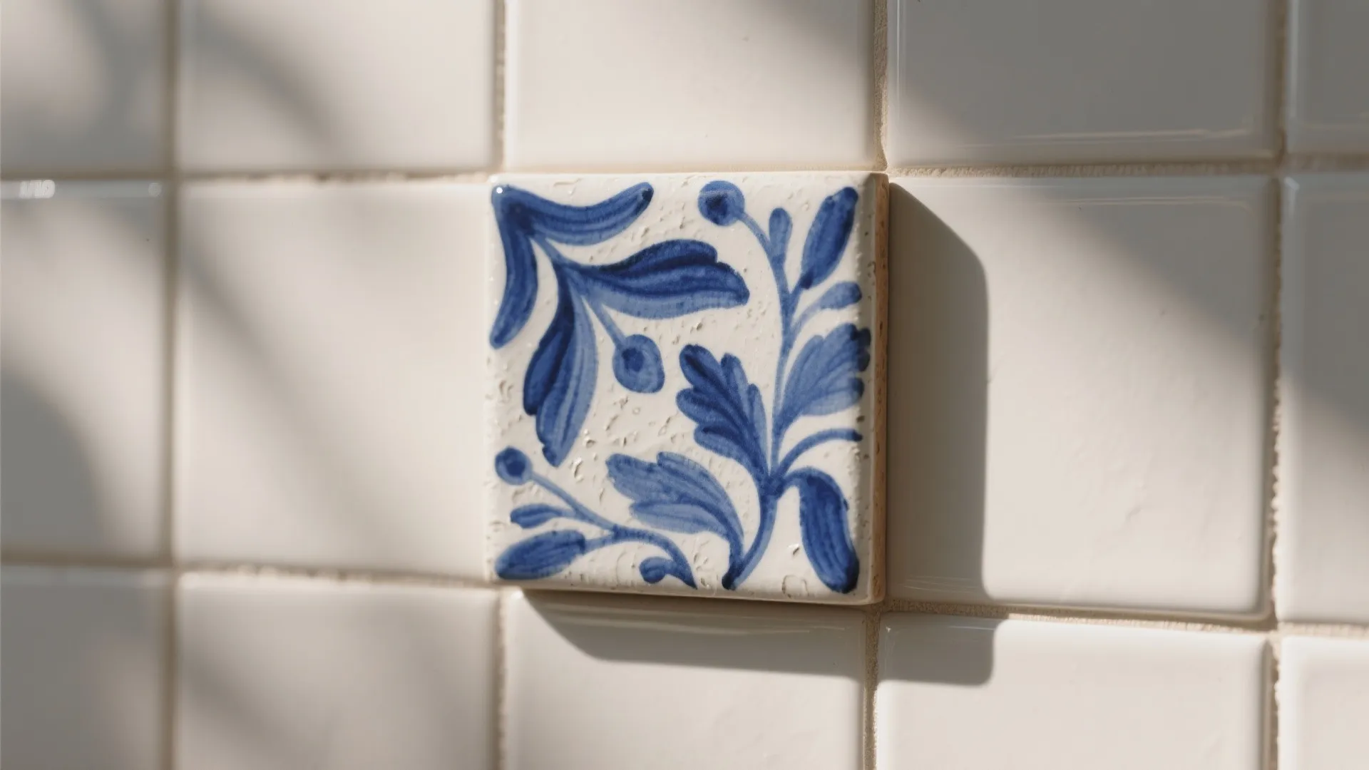 White wall tile with blue hand painted floral leaf patterns and soft natural sunlight hitting