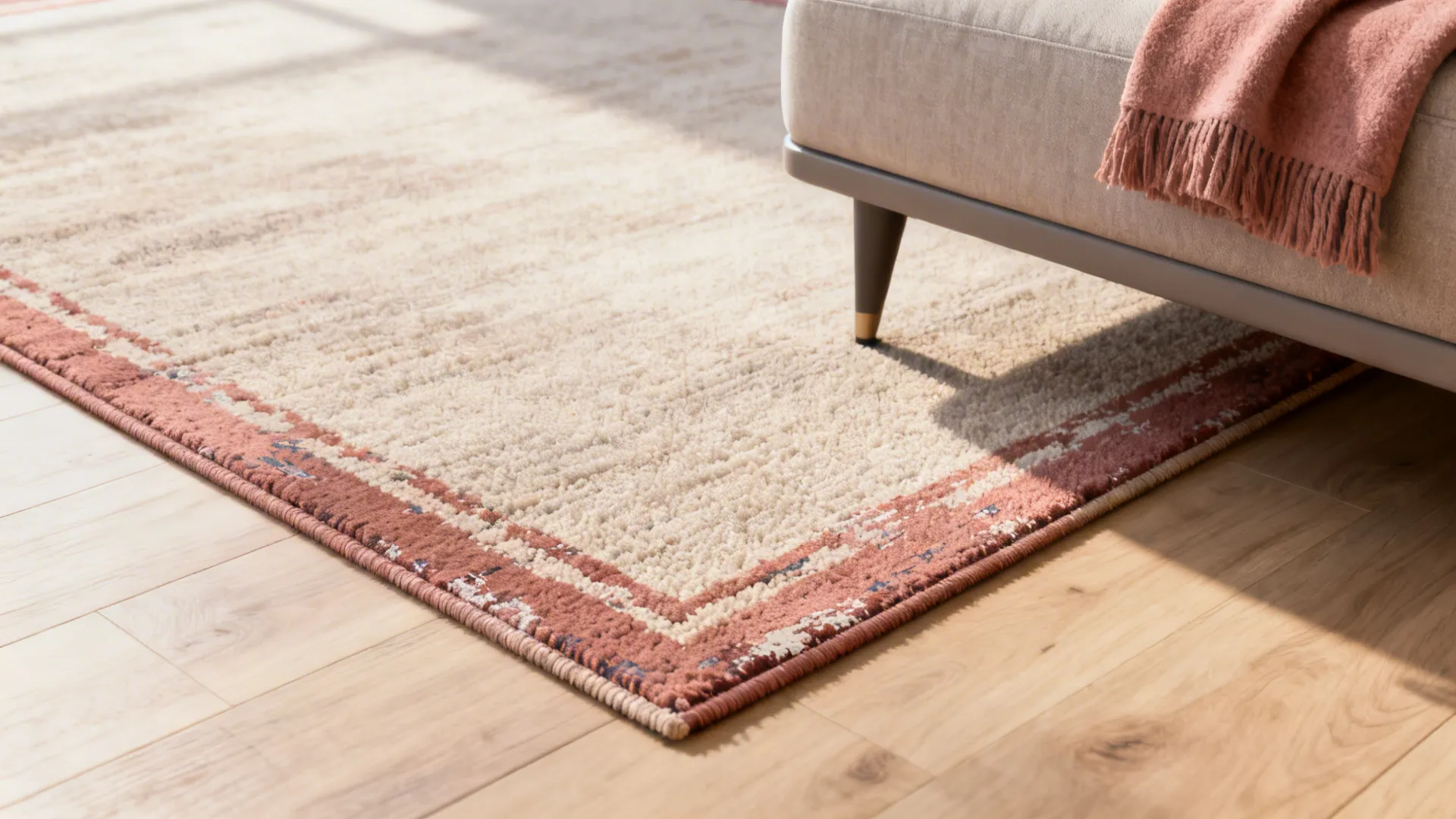 Handpainted border rug detail showing subtle faux-distressed border and coordinating modern textiles