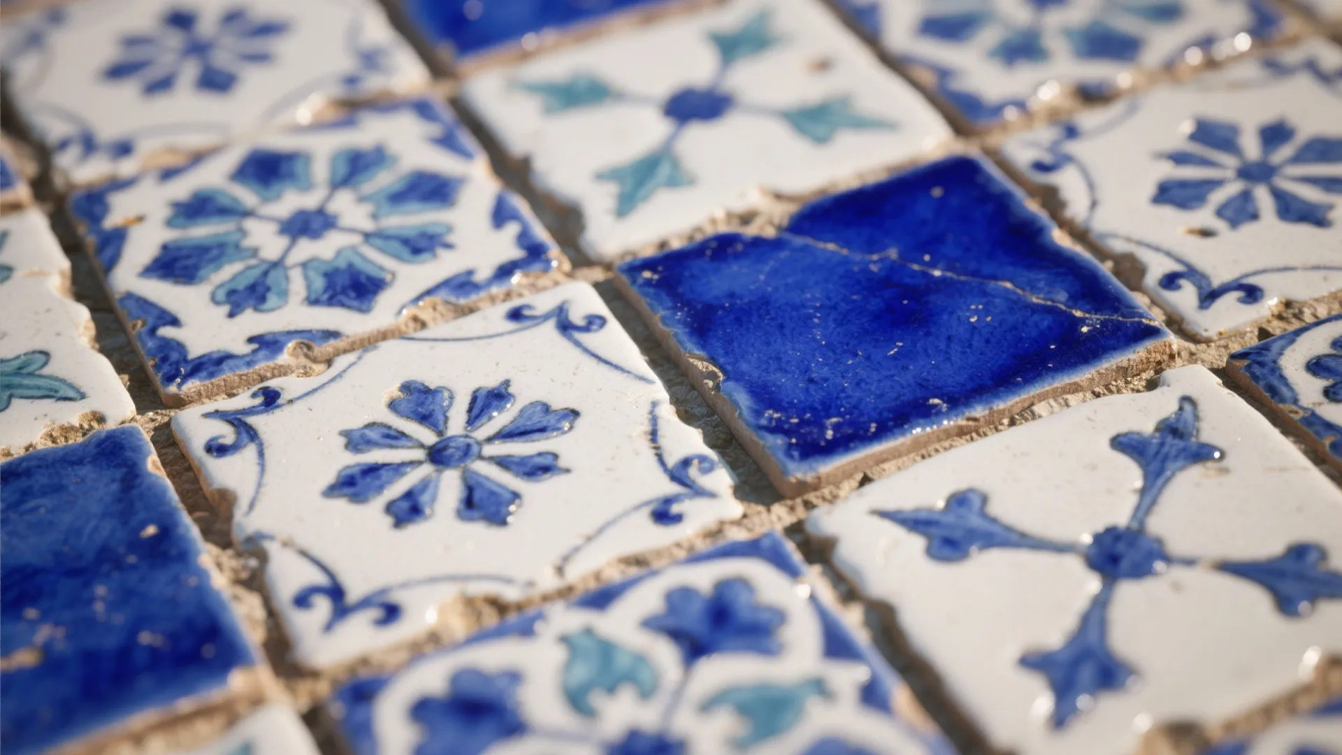 Close up of blue and white patterned ceramic floor tiles with flower designs for decoration