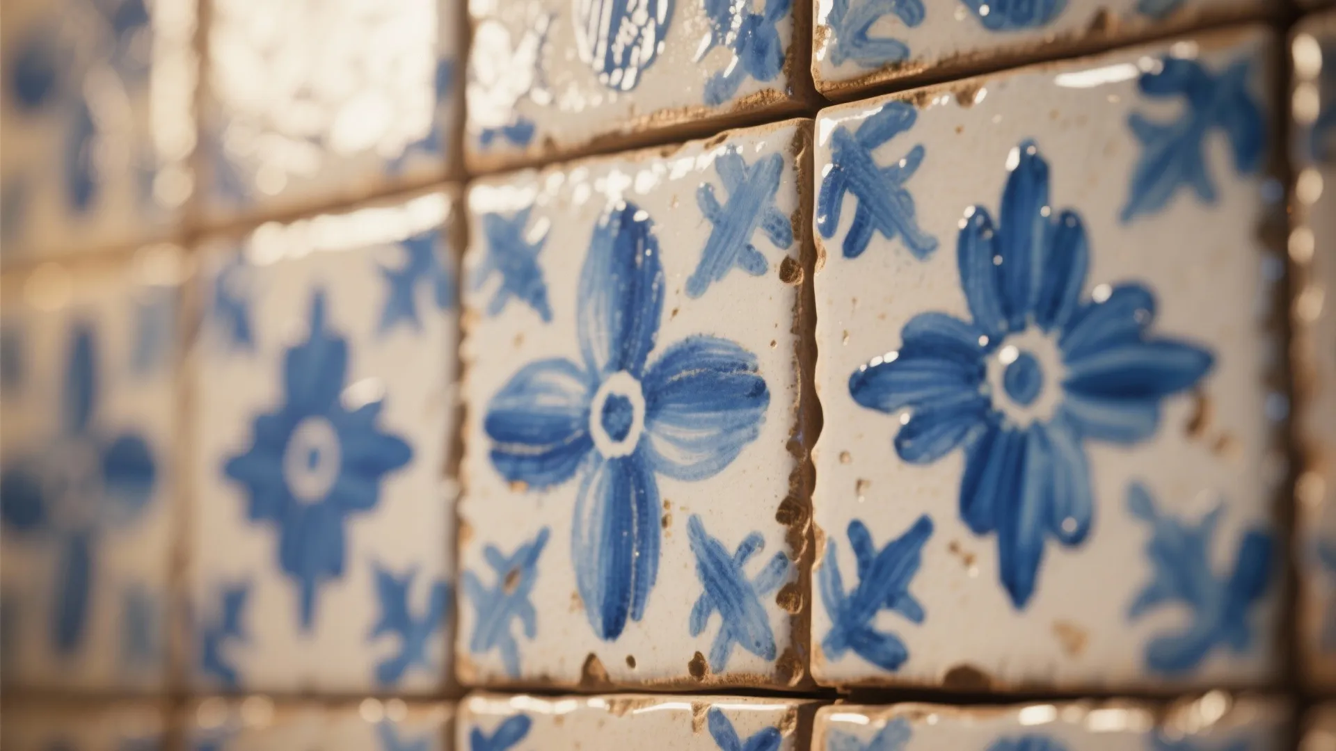 Close up of hand painted blue floral patterns on white ceramic tiles with rustic textures