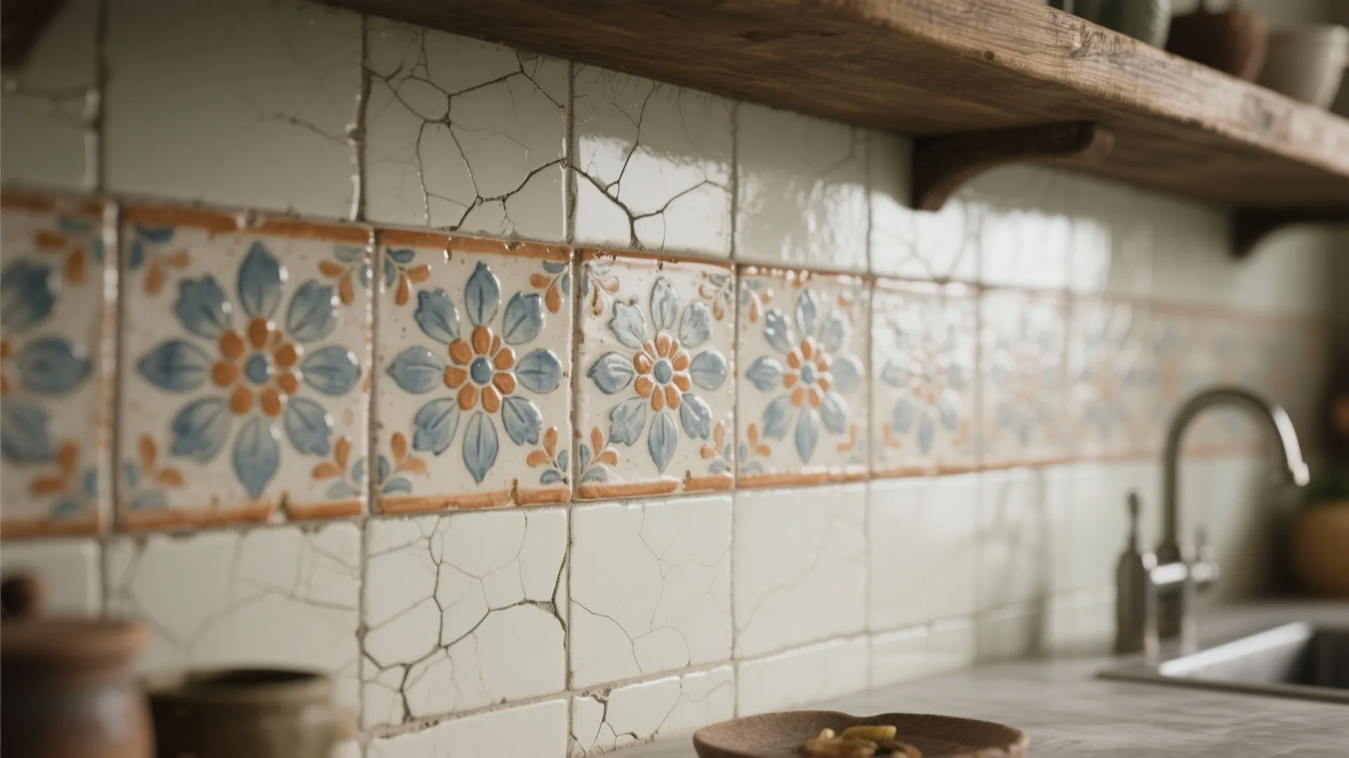 Vintage kitchen wall with white cracked tiles featuring blue and orange floral pattern design details