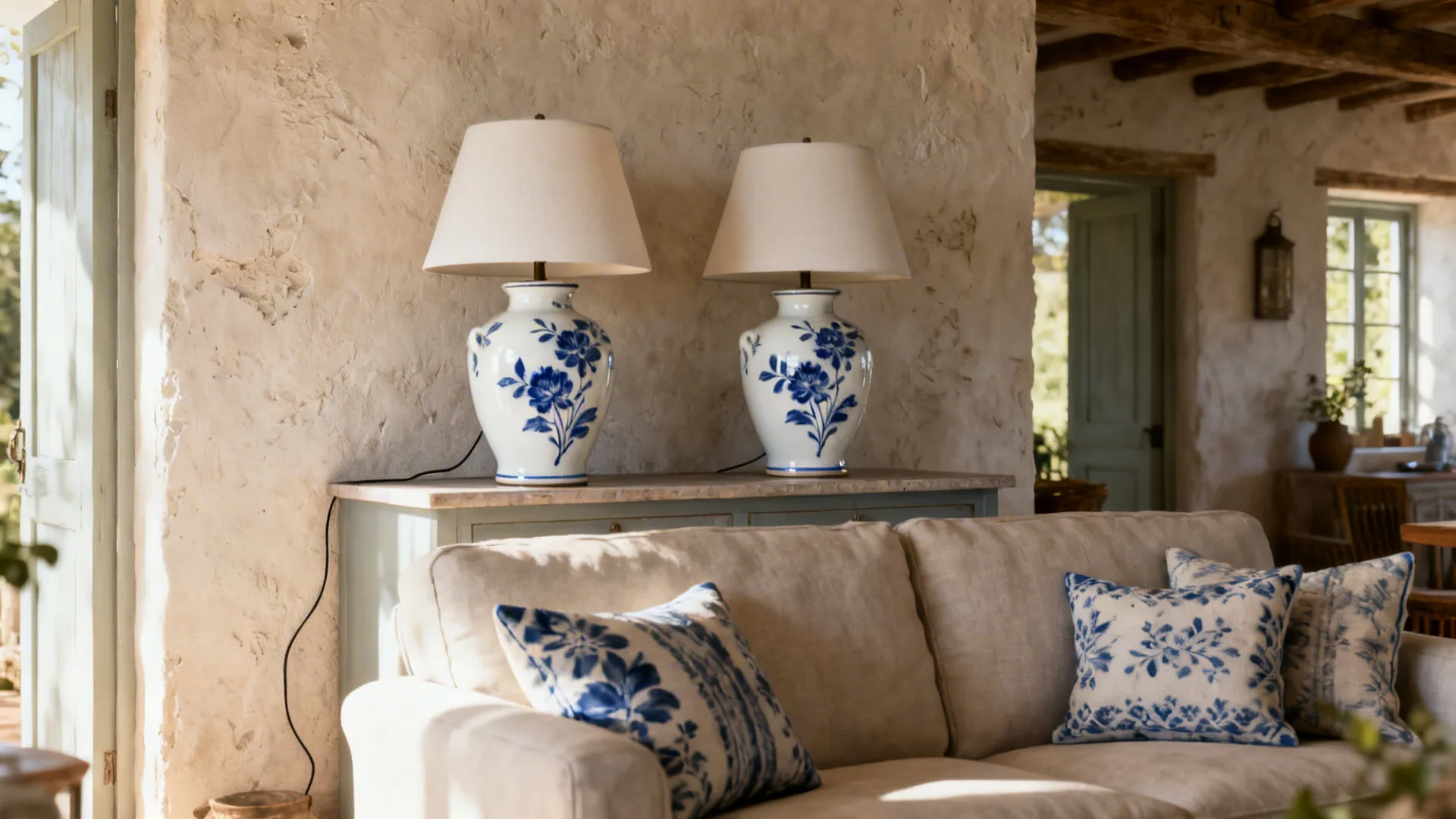 Pair of hand-painted ceramic table lamps with blue floral motifs on a console behind a sofa