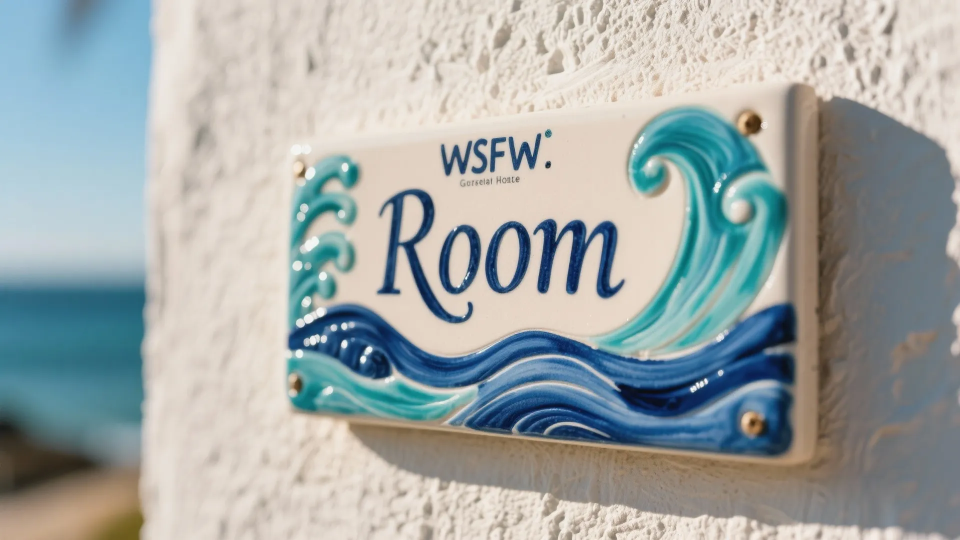 White ceramic door sign with blue wave patterns and room text on white textured wall
