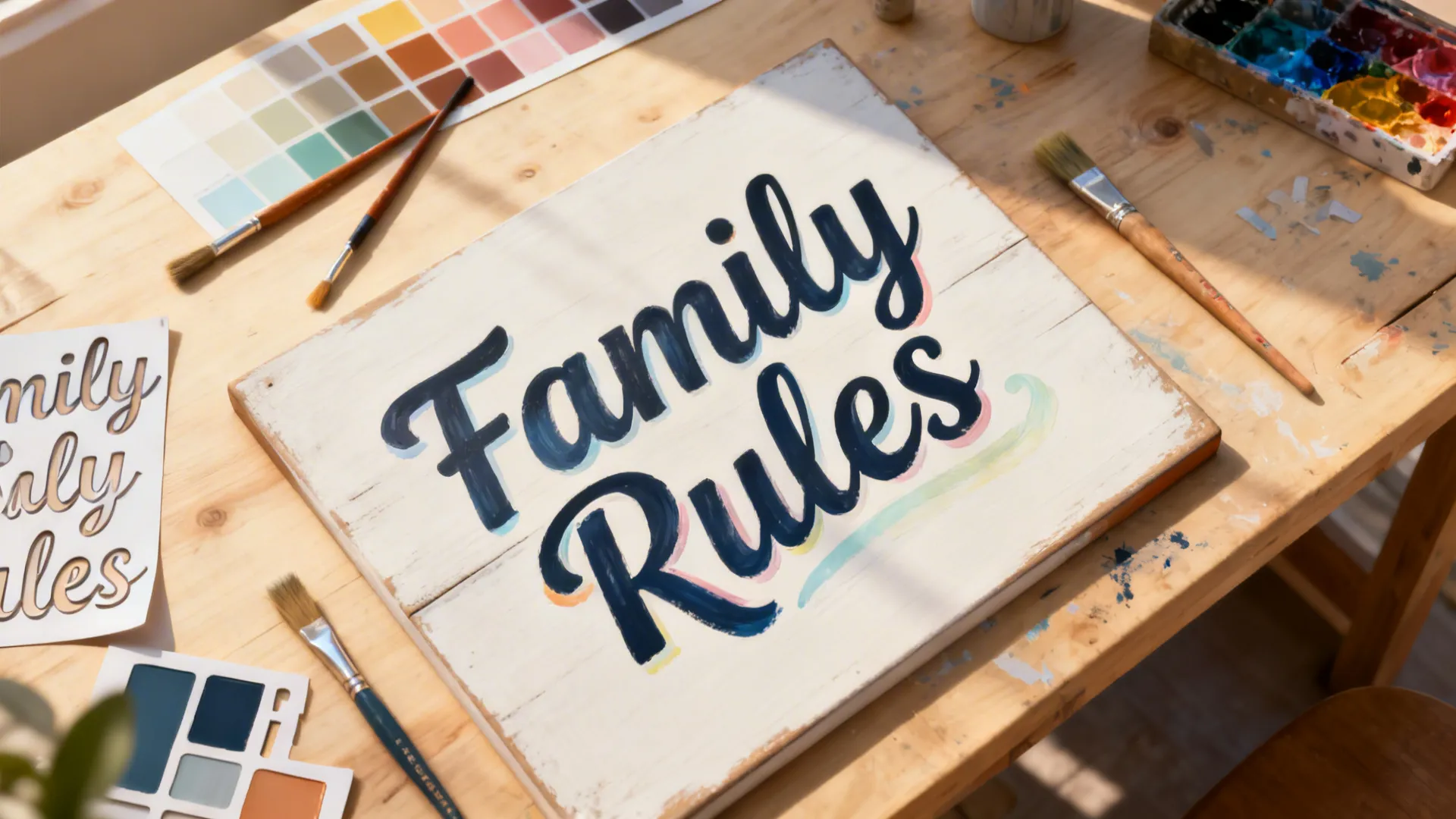 Hand painted wooden sign with Family Rules text surrounded by paint brushes and color palette