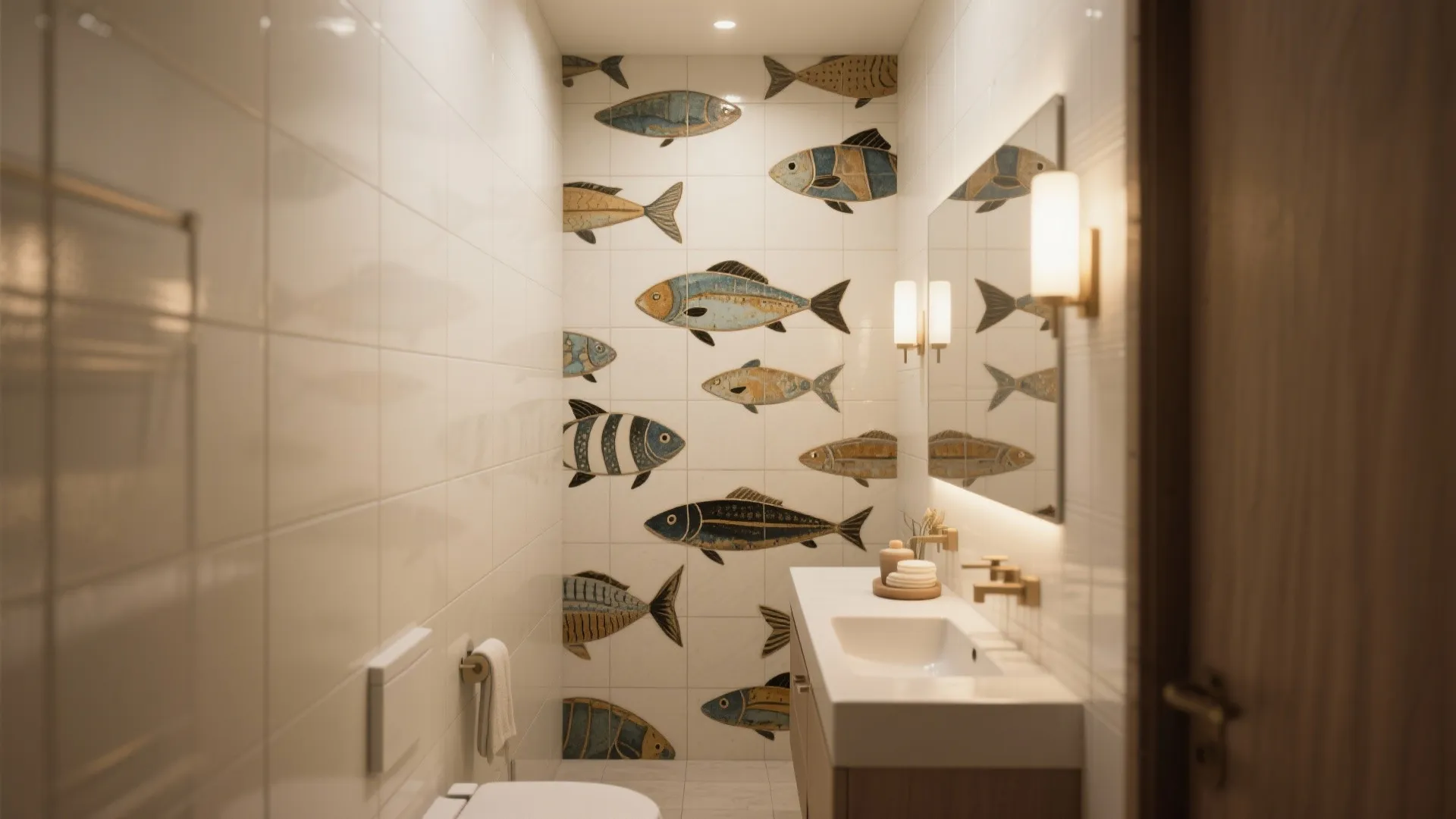 Hand-Painted Fish Motifs on Statement Walls