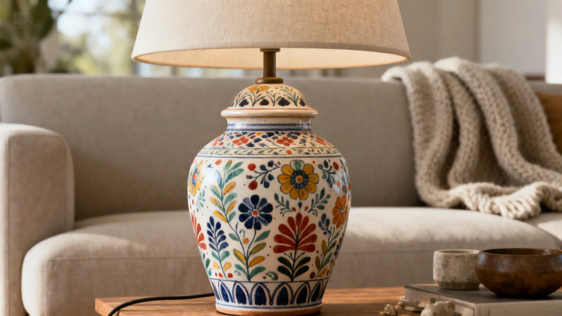 Hand-painted patterned ceramic lamp base on a side table in a neutral living room