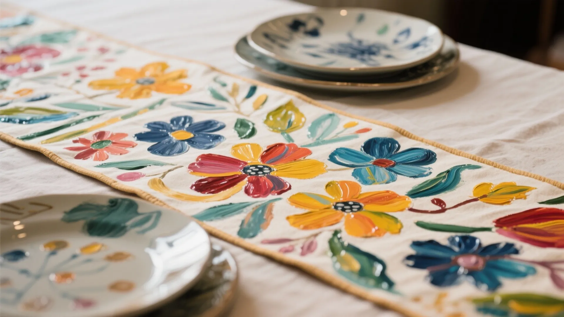Hand painted floral table runner with colorful flowers and green leaves on a white tablecloth