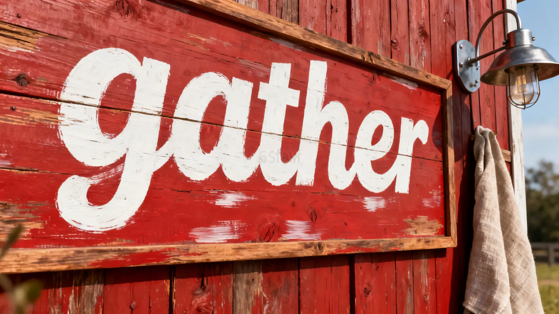 Large hand-painted wooden sign with rustic grain and bold lettering beside modern metal accents
