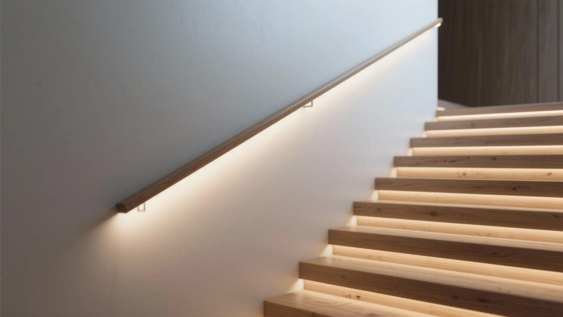 Modern wooden staircase with hidden light strips under each step and along the wall handrail design