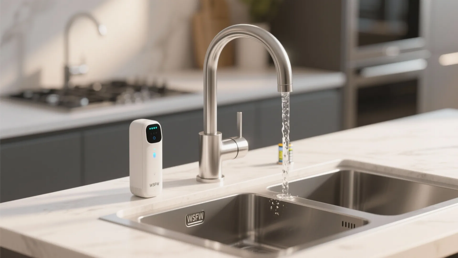 Modern kitchen sink with silver water tap and smart filter device on white marble countertop