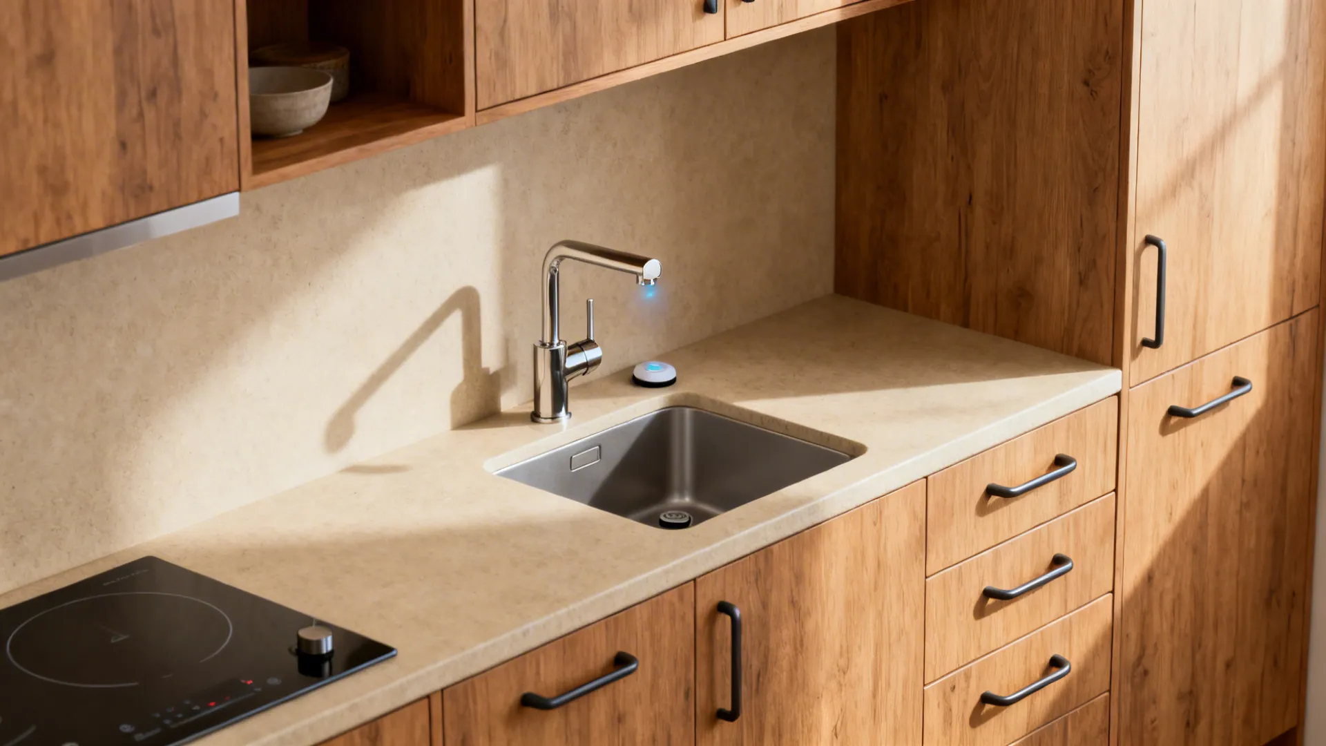 Compact kitchen with touch or motion faucet, U-shaped pulls, and an induction cooktop in a warm matte setting.
