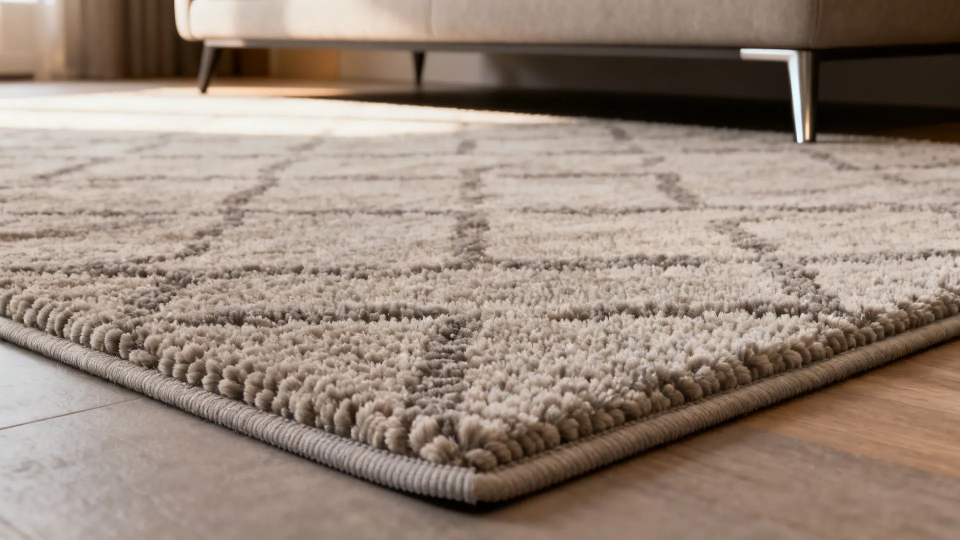 Hand-tufted greige rug close-up showing faint geometric pattern and plush texture