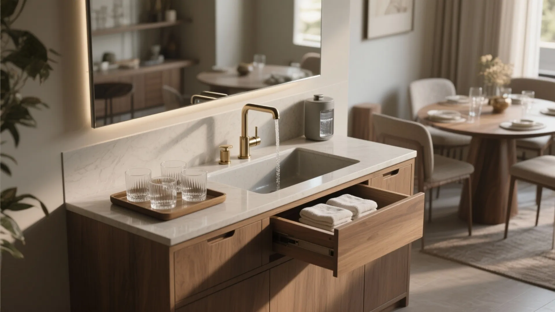 Modern wooden bathroom cabinet with marble top gold water tap and open drawer with towels