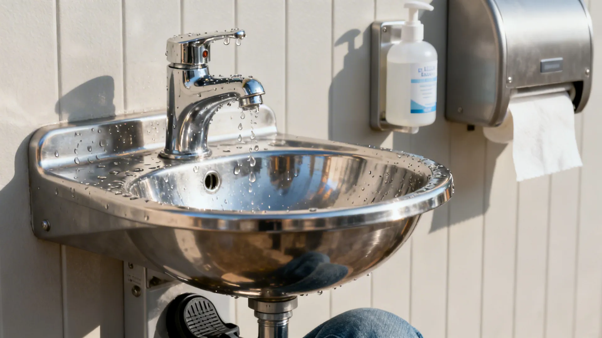 Knee-activated stainless handwash sink with dispensers at a dish zone entry.