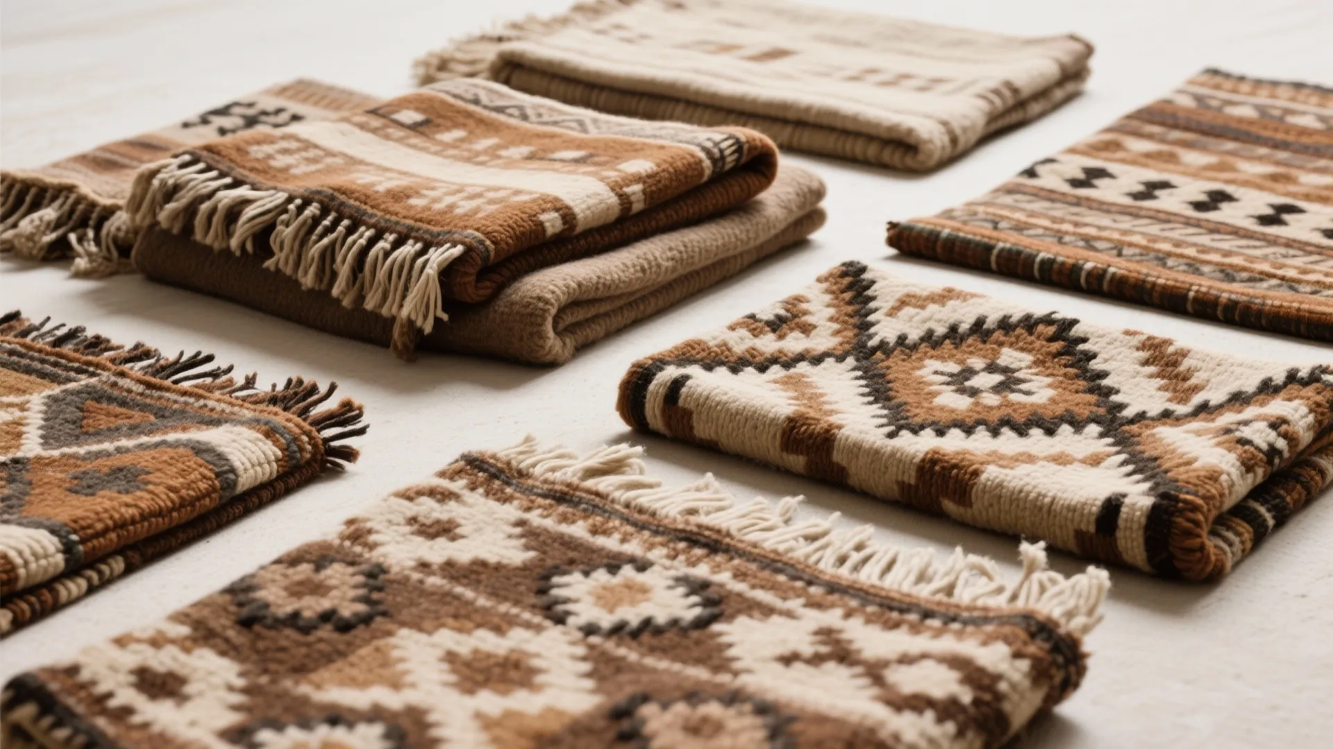 Collection of folded brown and beige patterned rugs with fringe on a white flat surface