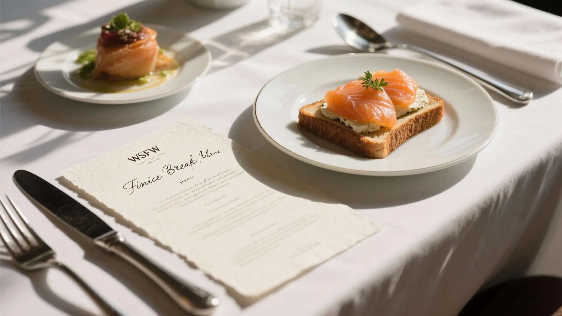 Breakfast table with handwritten menu, salmon on toast, silver fork, and knife under natural sunlight