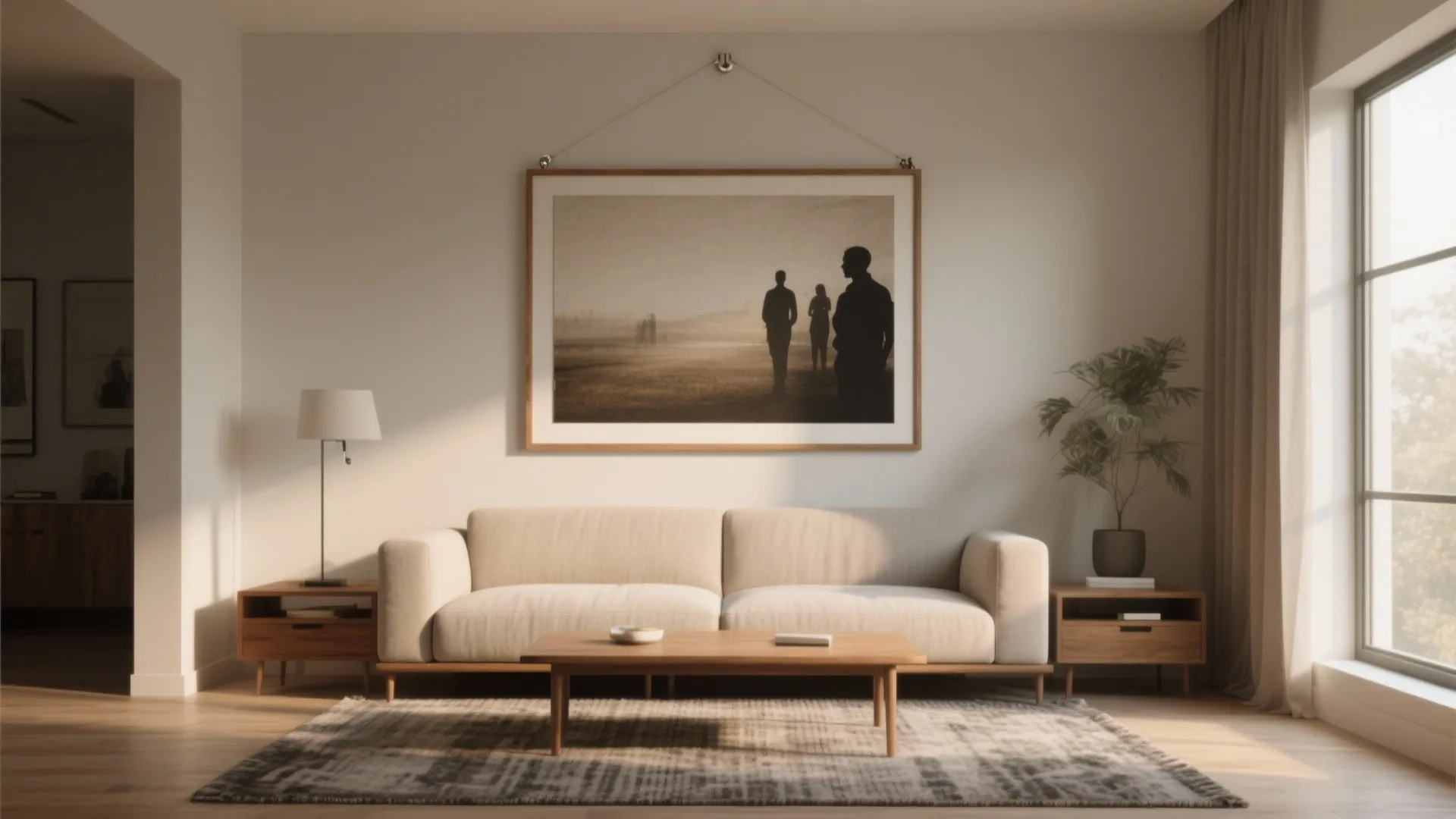 Modern living room featuring a beige sofa wooden coffee table and large framed wall art
