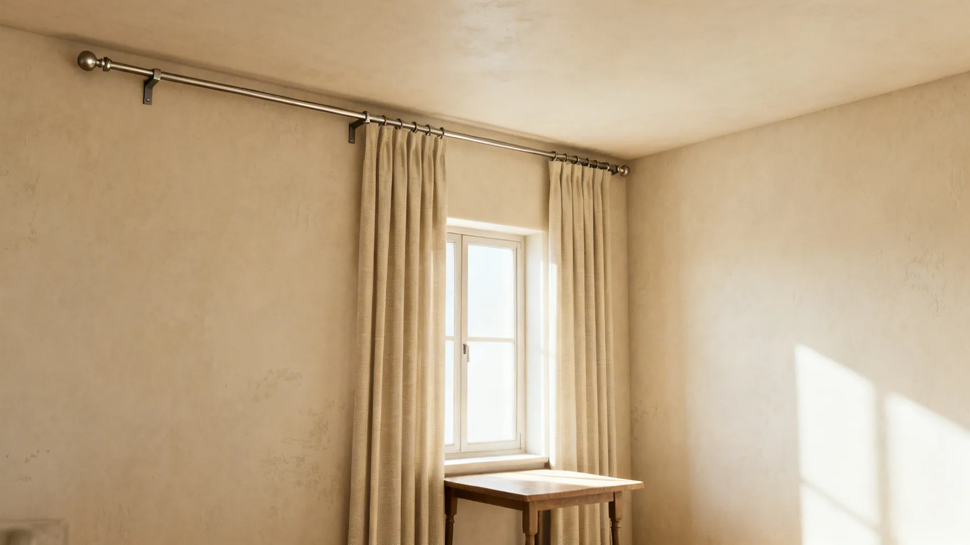 Dining area with curtain rod mounted high above the window to visually raise the ceiling.