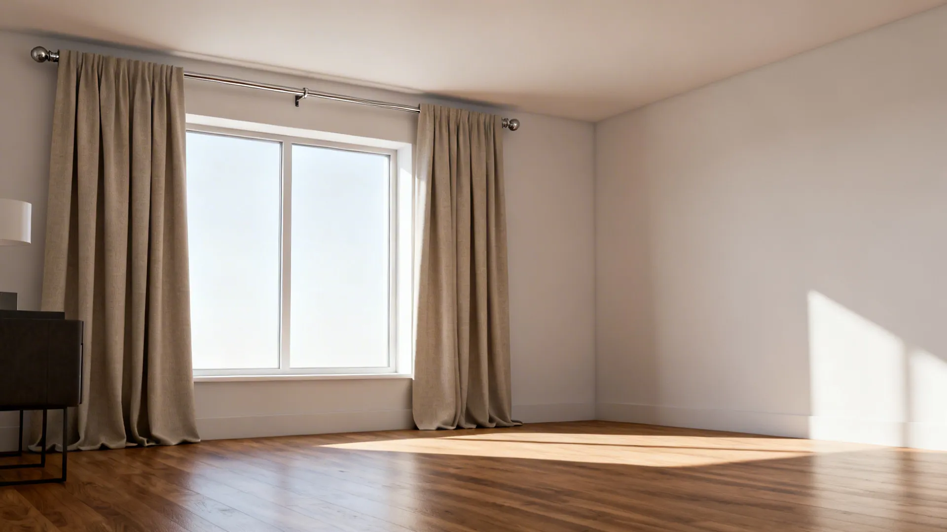 Window with curtain rod mounted high and wide and long floor-skimming drapes that visually enlarge the room.