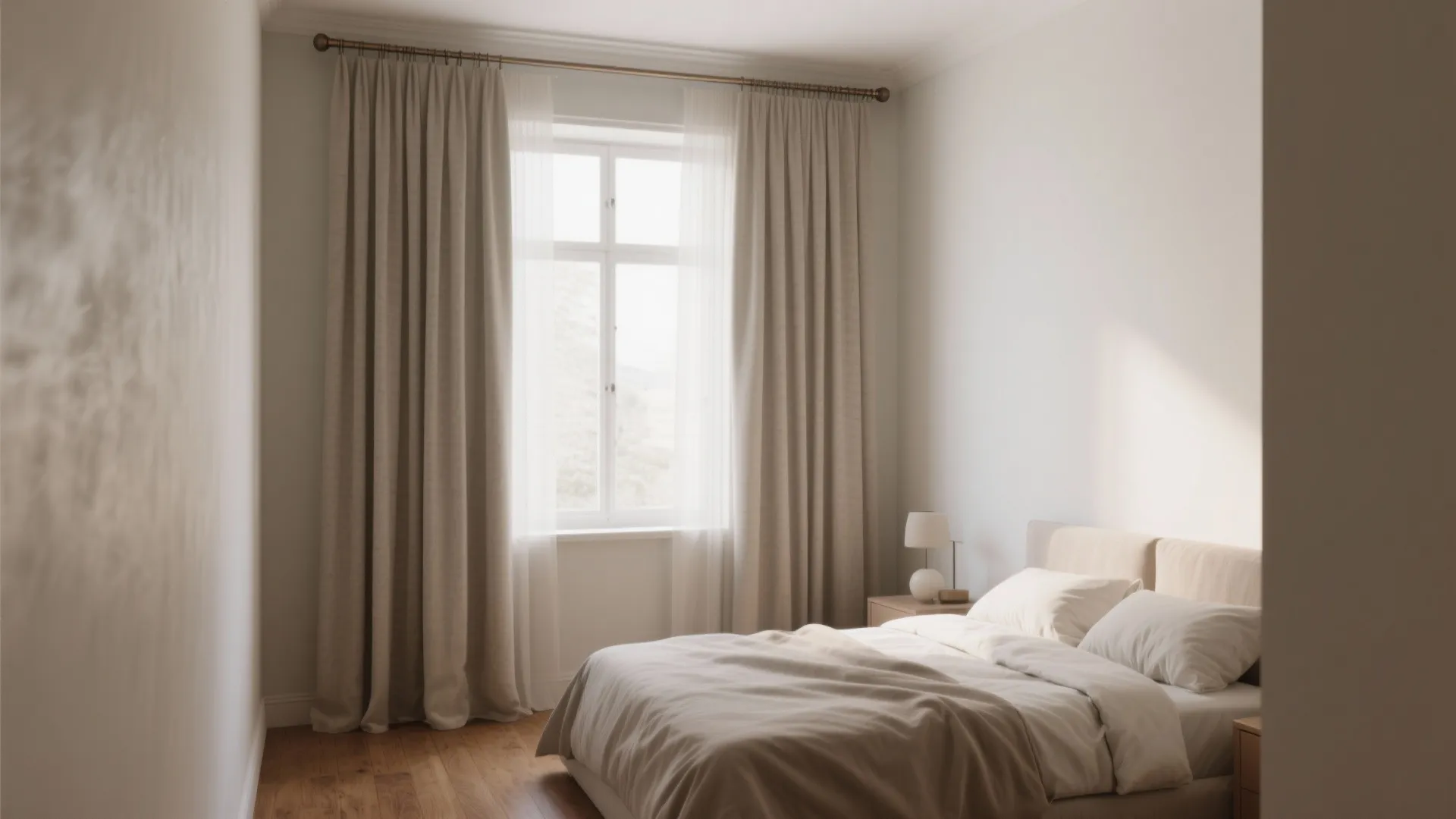 Minimalist bedroom with beige curtains hanging high above a window next to a comfortable bed