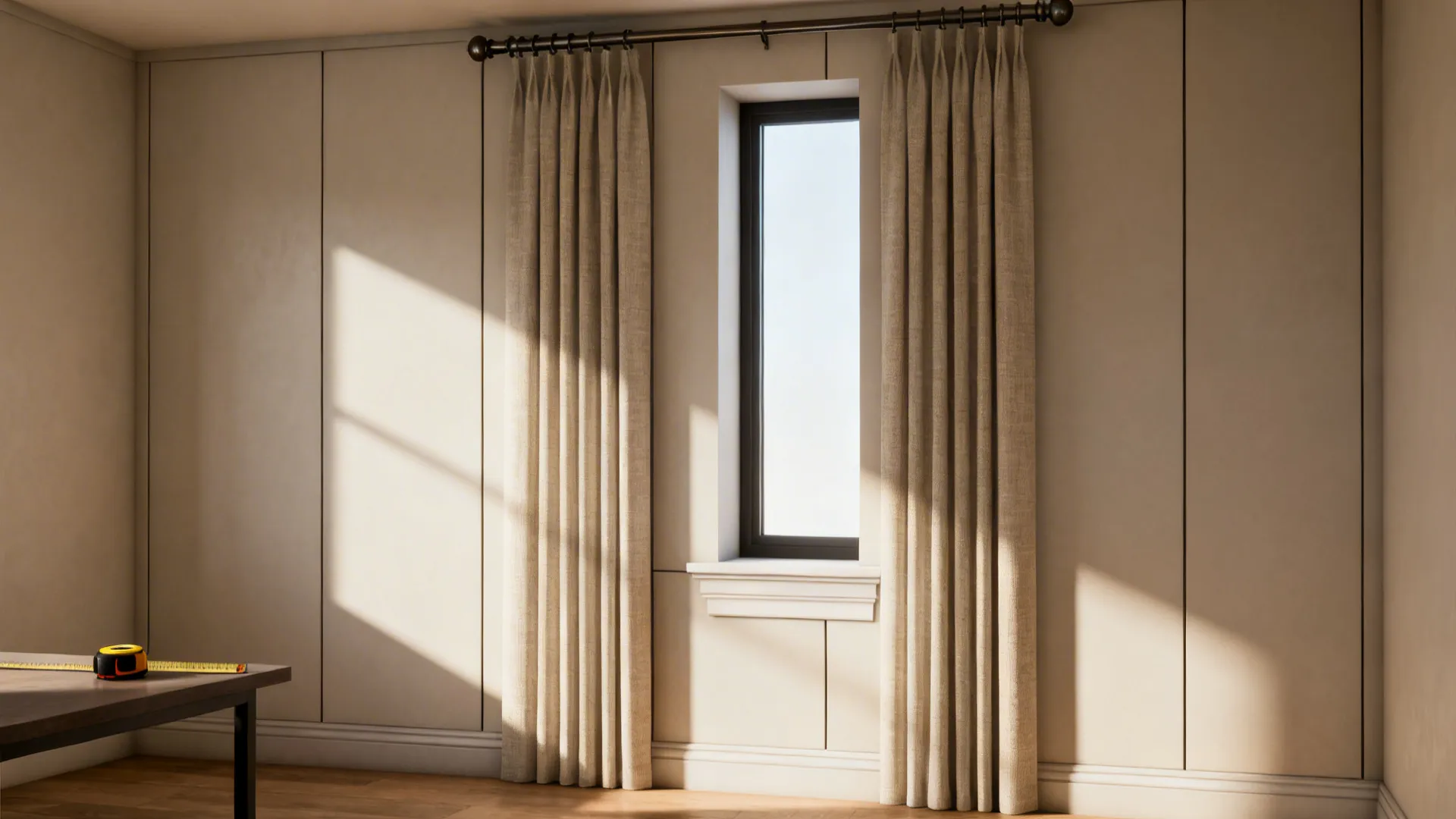Long beige curtains hanging high above a narrow window with measuring tape on a nearby table