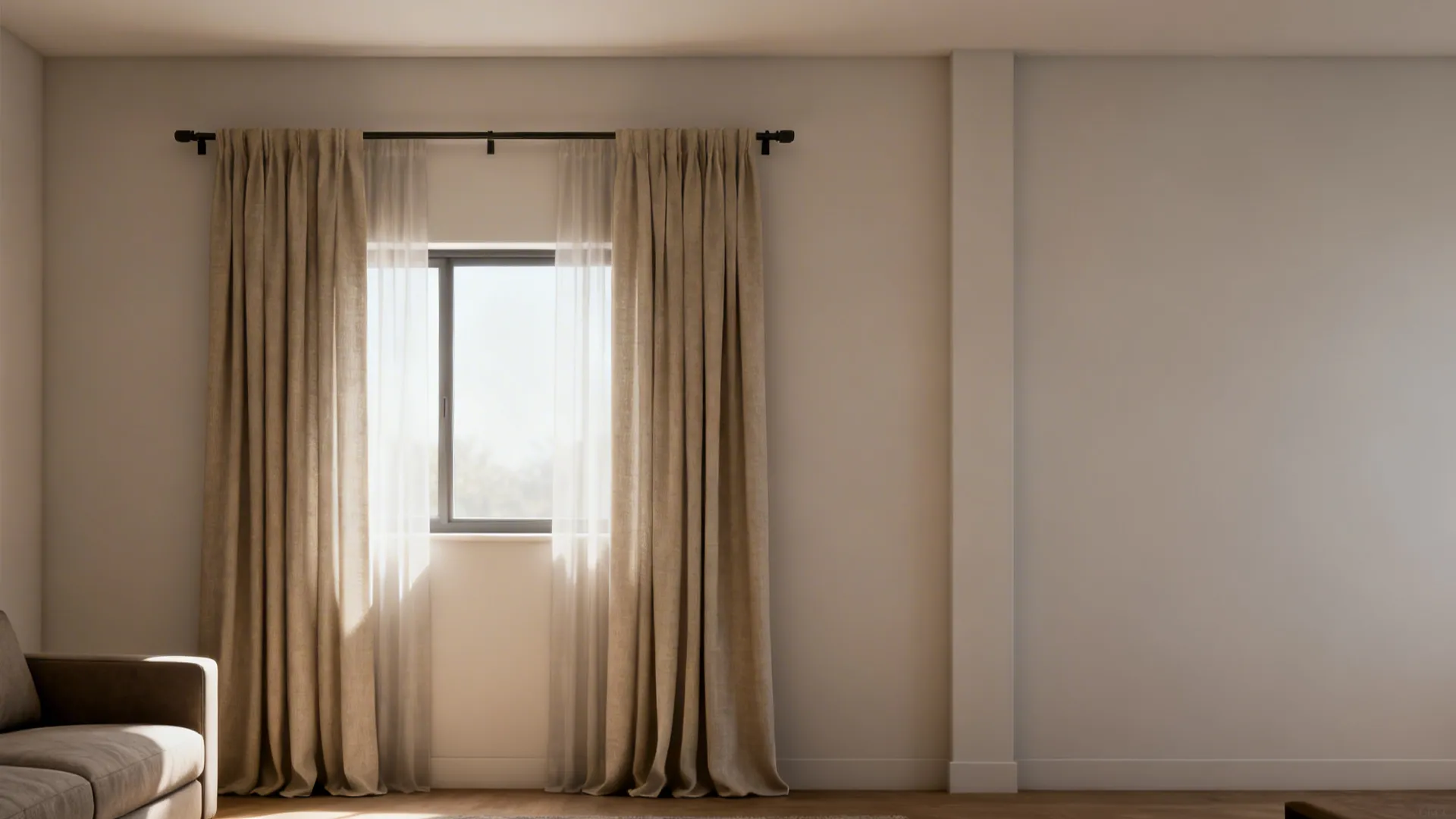 Beige curtains hanging on black rod above small window in simple living room with sofa