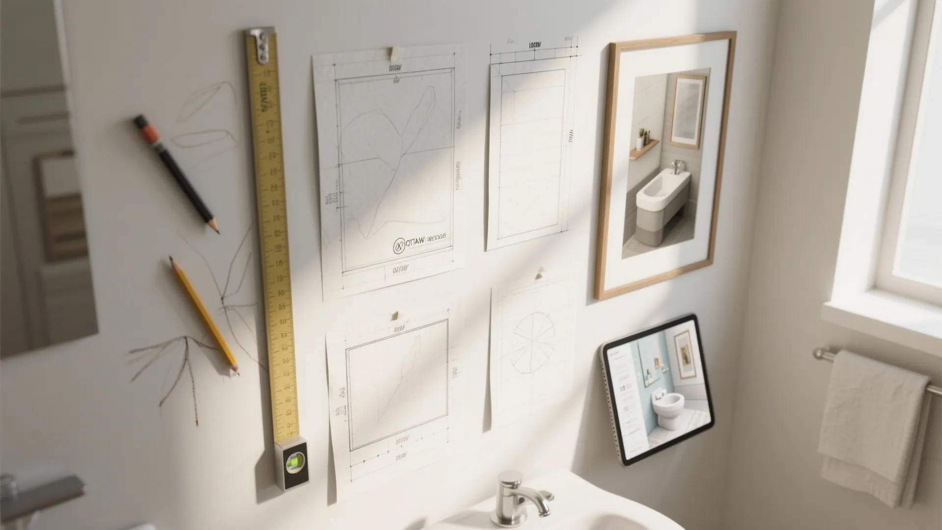 Bathroom wall decorated with paper design drawings a yellow ruler and small framed interior pictures