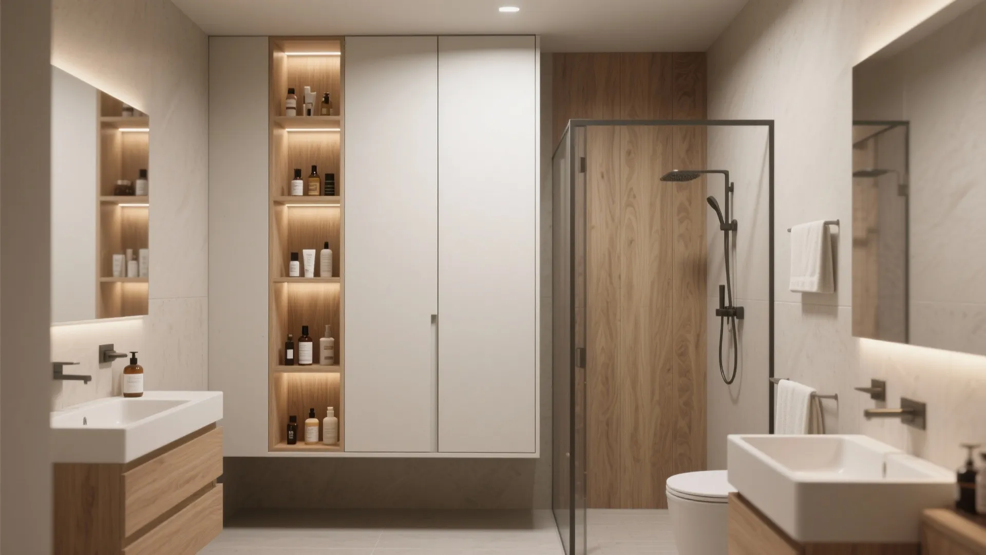 Modern bathroom featuring white cabinet wood wall panel glass shower door and dual sinks with mirrors