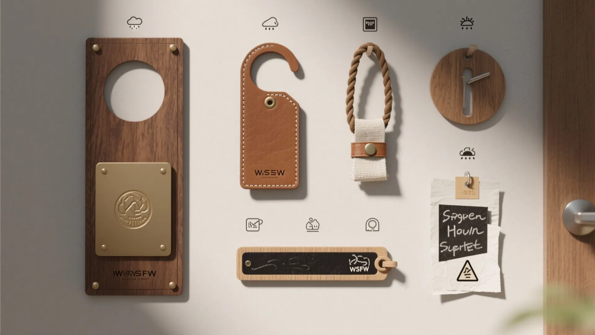 A grid display of various door hanger types with icons for weatherproofing, hanging methods, and safety tips on a neutral background.